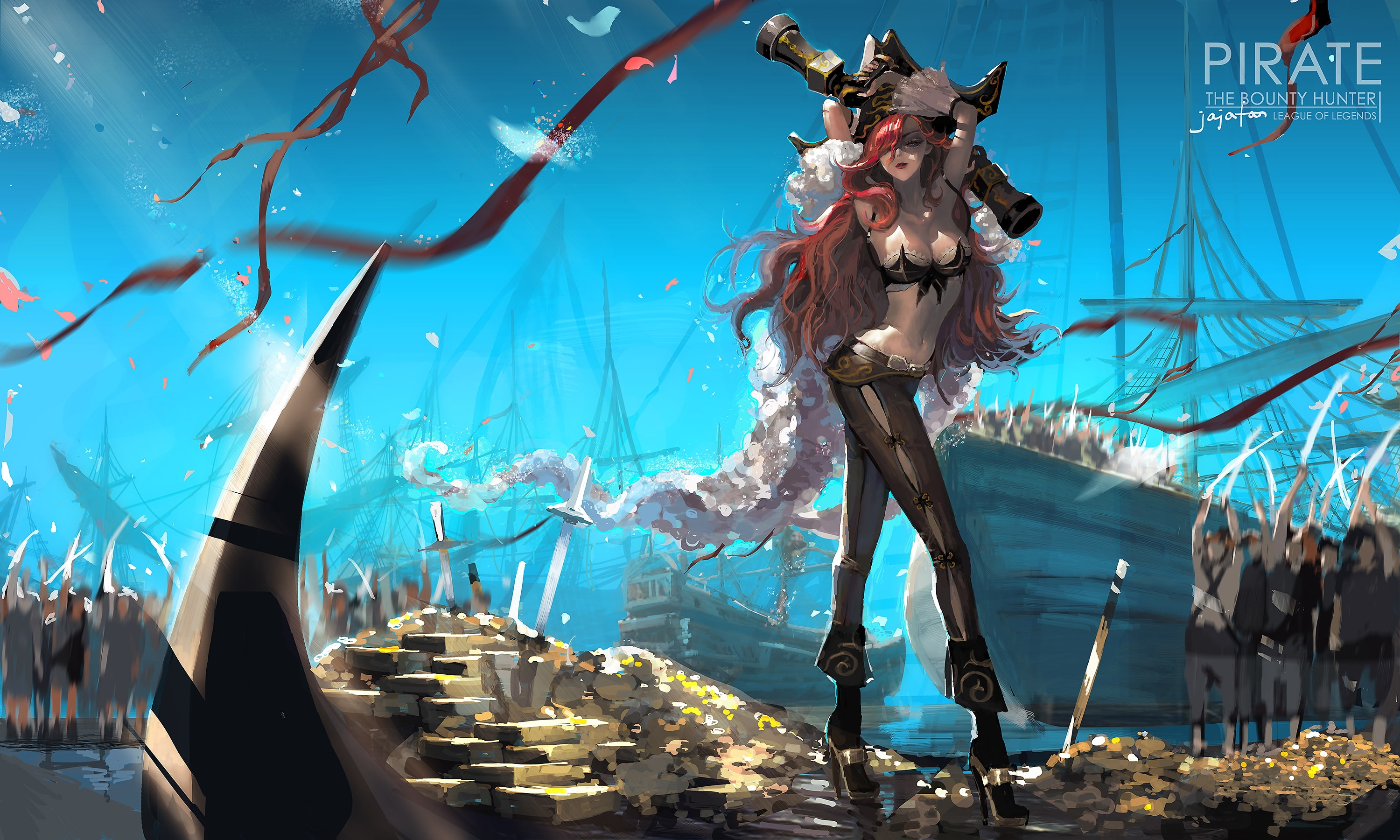 water, anime style, tree, 2K, sea, plant, miss fortune, illuminated, representation, blue, nature, creativity, sunlight, architecture, league of legends, HD Wallpaper
