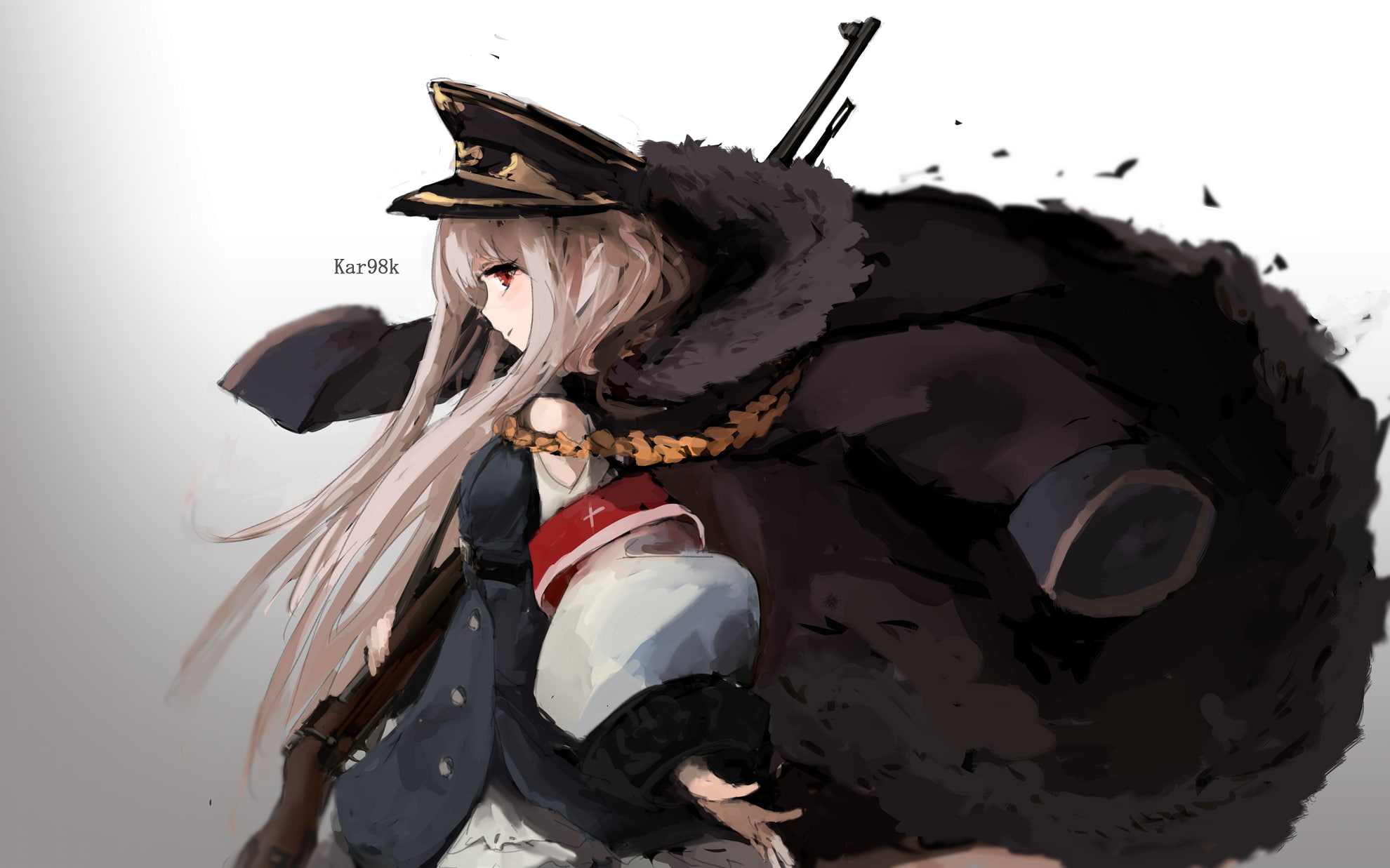 outdoors, headwear, people, nature, rifle, white hair, girls frontline, white background, 1080P, clothing, profile view, helmet, mode of transportation, HD Wallpaper