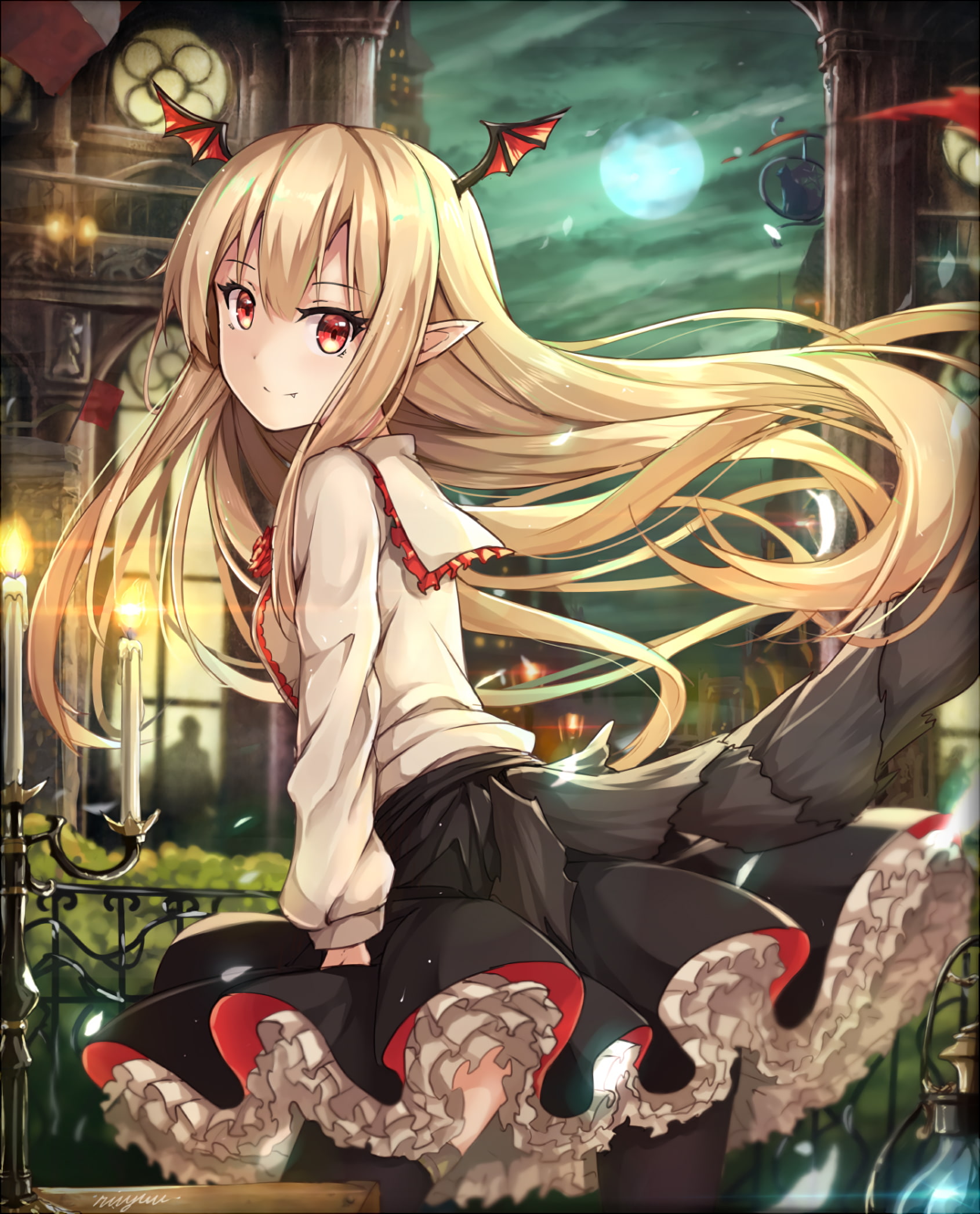 red eyes, moon, vampy, granblue fantasy, 1080P, anime style games, blonde, Anime, long hair, elf ears, skirt, Phone HD Wallpaper
