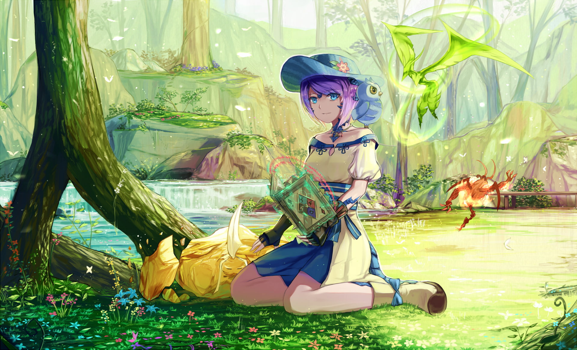 scenic, landscape, anime girl, lifestyles, nature, grass, childhood, anime style games, magic spell, tree, full length, art and craft, celebration, representation, HD Wallpaper