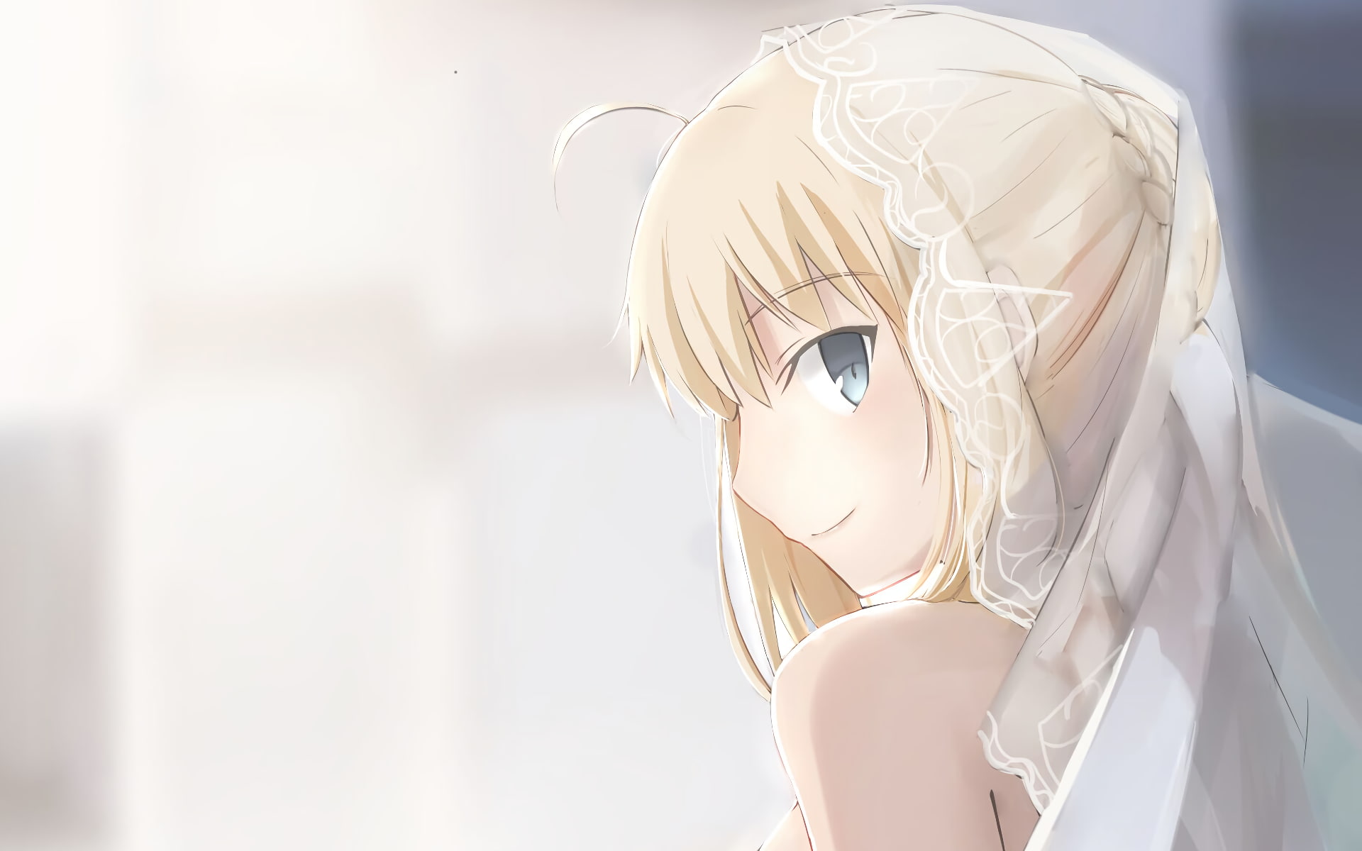 saber, indoors, day, fate stay night, male likeness, bride, side view, copy space, focus on foreground, blonde, no people, wedding dress, profile view, HD Wallpaper