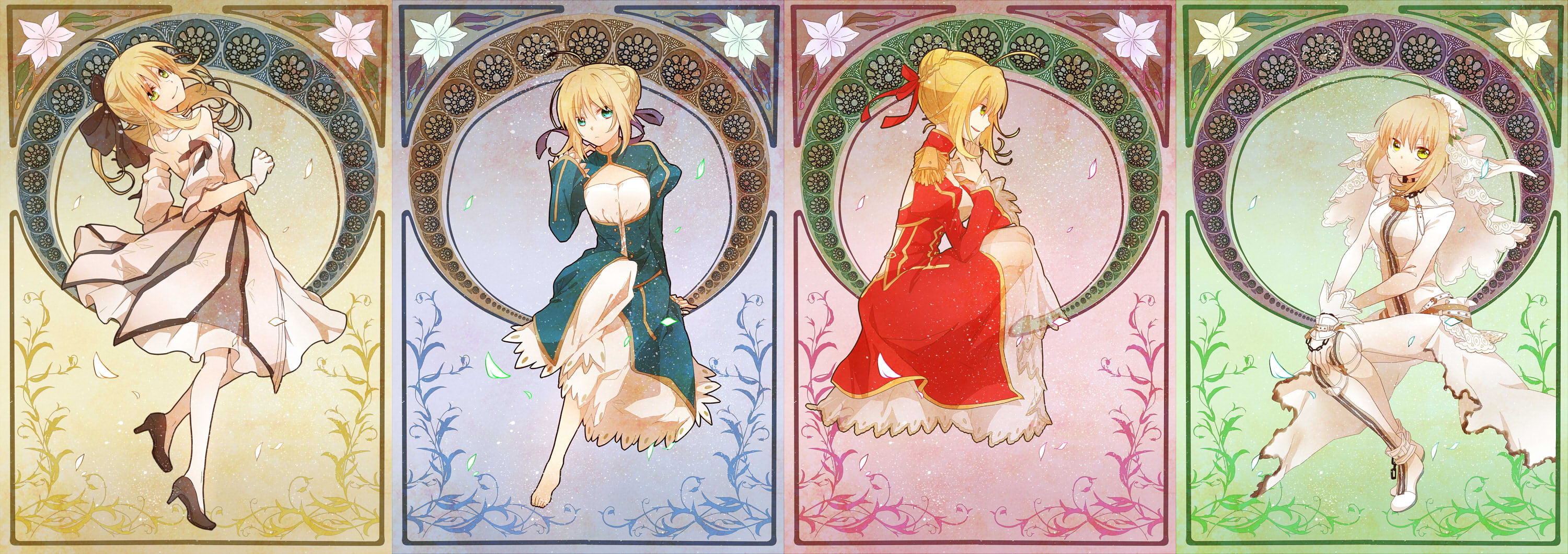 ribbons, boots, short, stay, lily, extra, blonde, barefoot, saber, bow, hair, long, yama, dress, green, bukiiro, night, fate, eyes, 2K, bride, HD Wallpaper