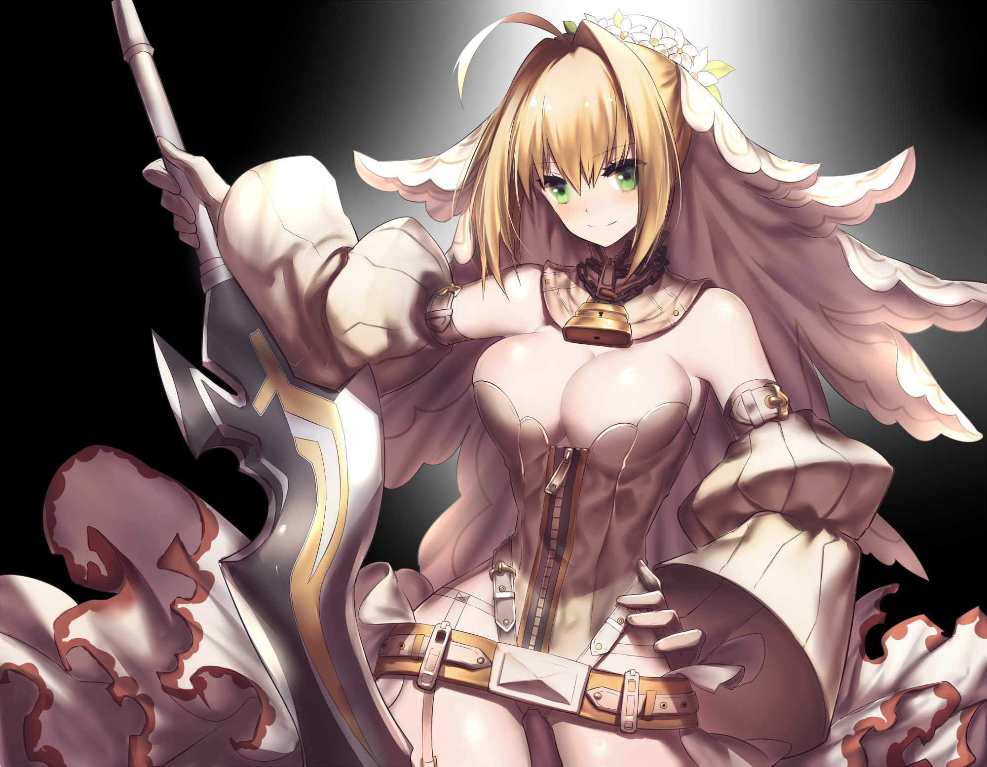 sword, day, sculpture, green, headdress, weapon, elbow, (series), human representation, hair, representation, grand, white color, bride, angel, 1080P, HD Wallpaper