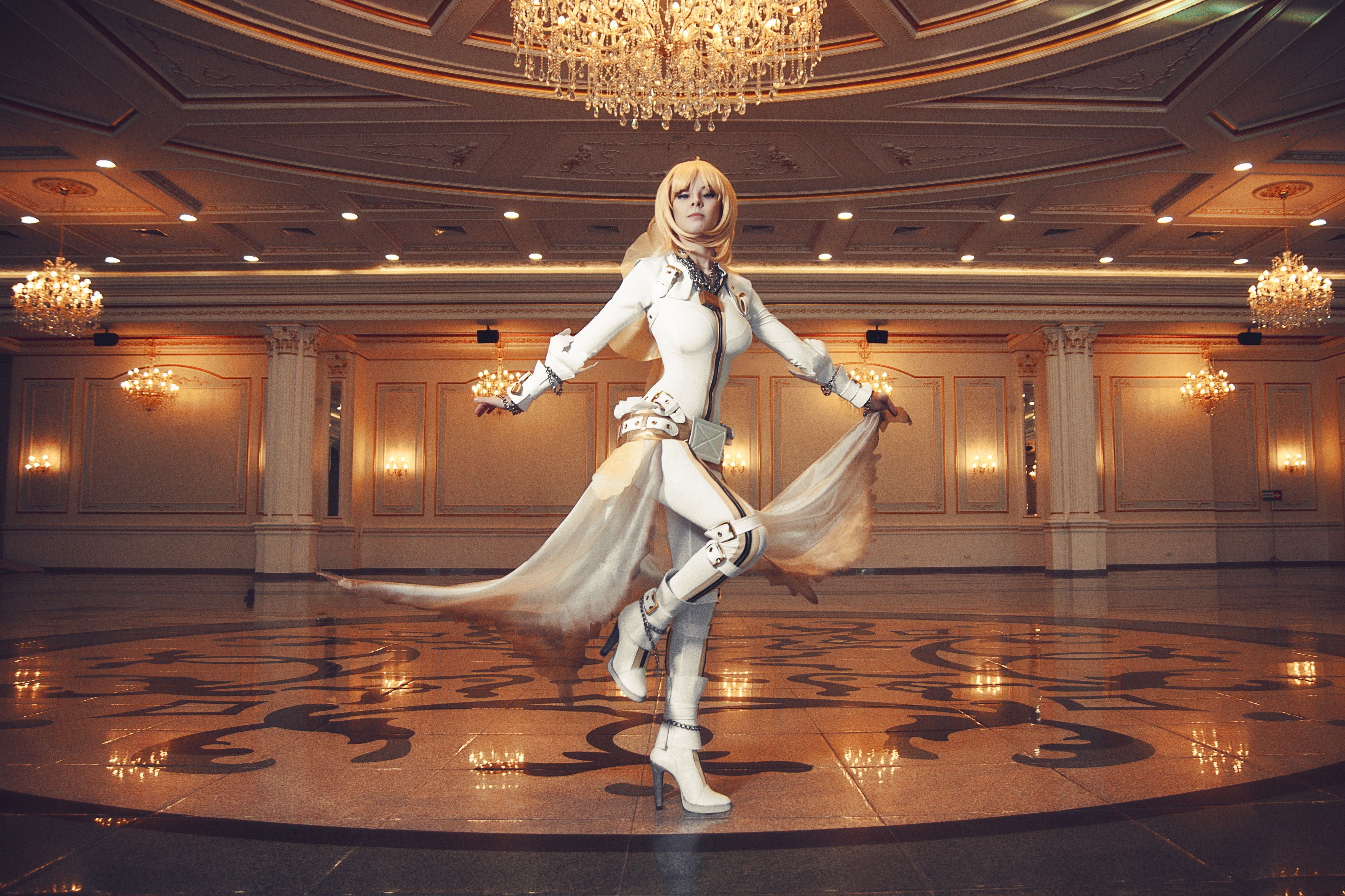 4K, suits boots cosplay saber bride long hair blonde blue eyes leather boots leather clothing ballroom, HD Wallpaper