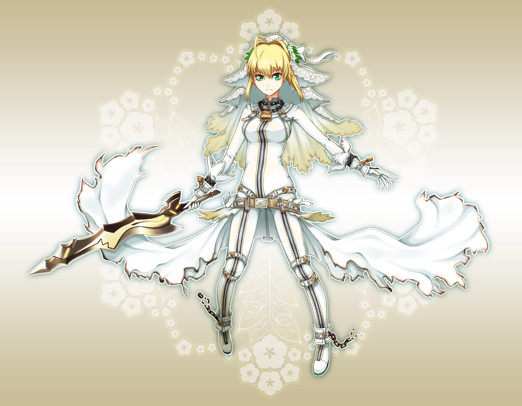 stay, saber, hair, blonde, fate, sword, 1080P, eyes, dress, weapon, green, bride, extra, night, HD Wallpaper