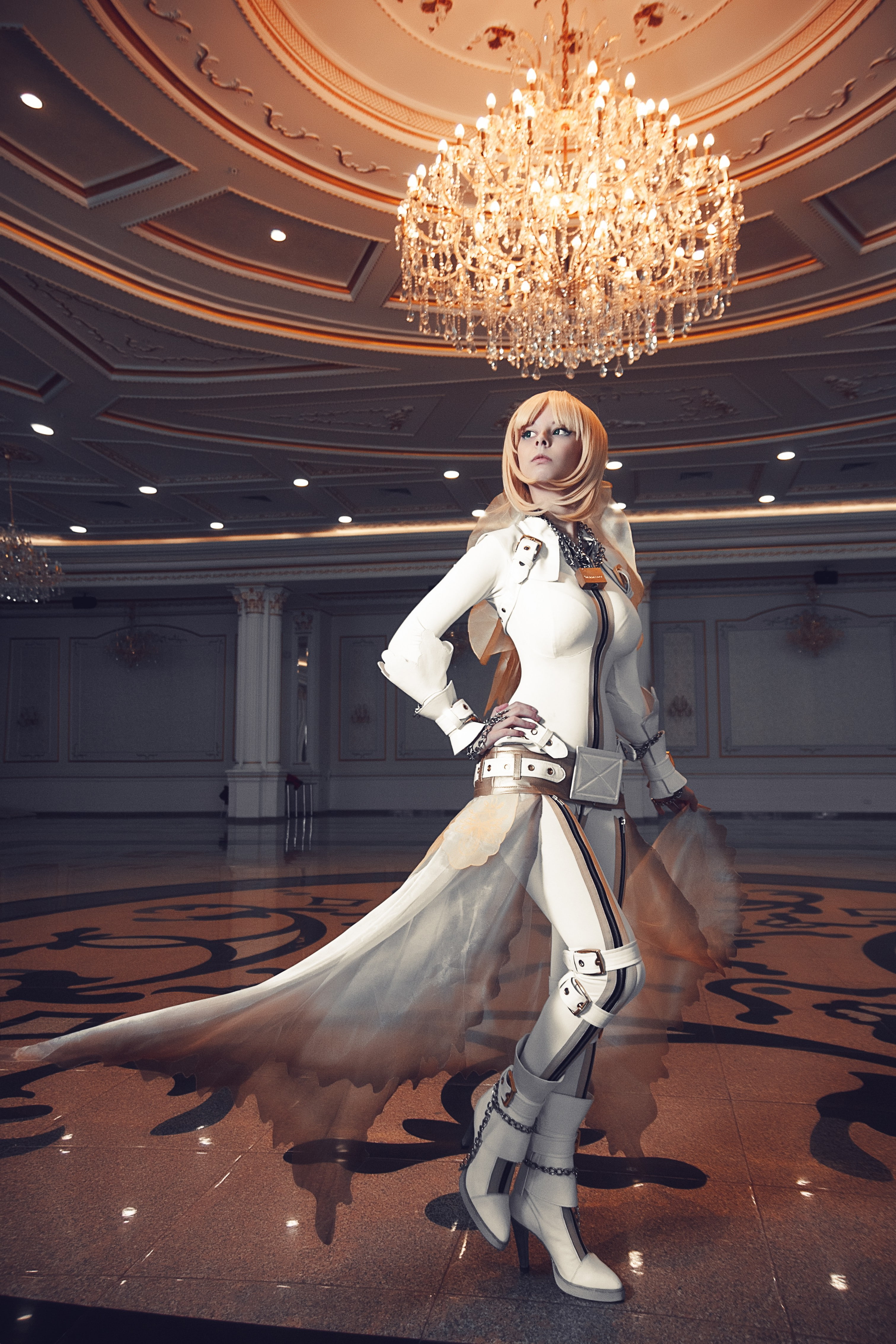 4K, Suits, Ballroom, Saber Bride, blue eyes, cosplay, Blonde, Leather Clothing, Long Hair, Leather Boots, boots, Phone HD Wallpaper