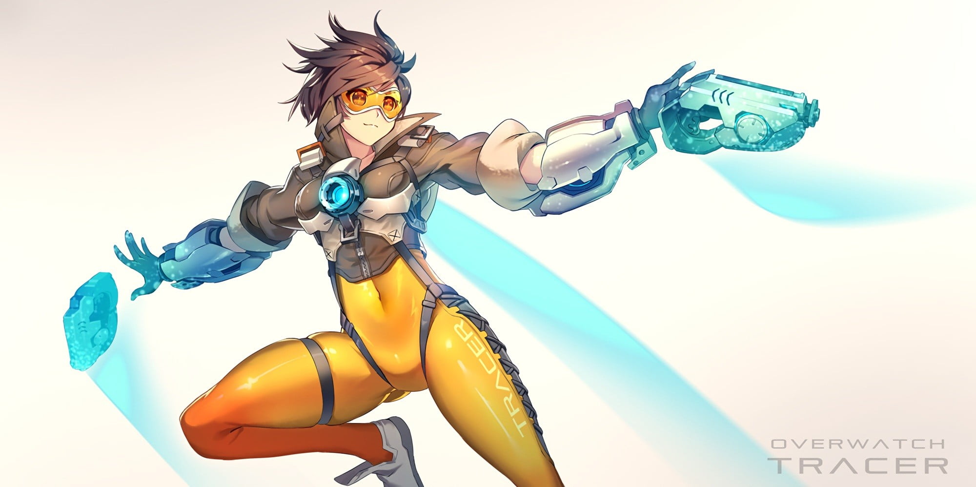 short hair, nature, bodysuit, gun, anime girls, studio shot, Overwatch, yellow, adult, women, art and craft, beautiful people, technology, armor, 1080P, HD Wallpaper