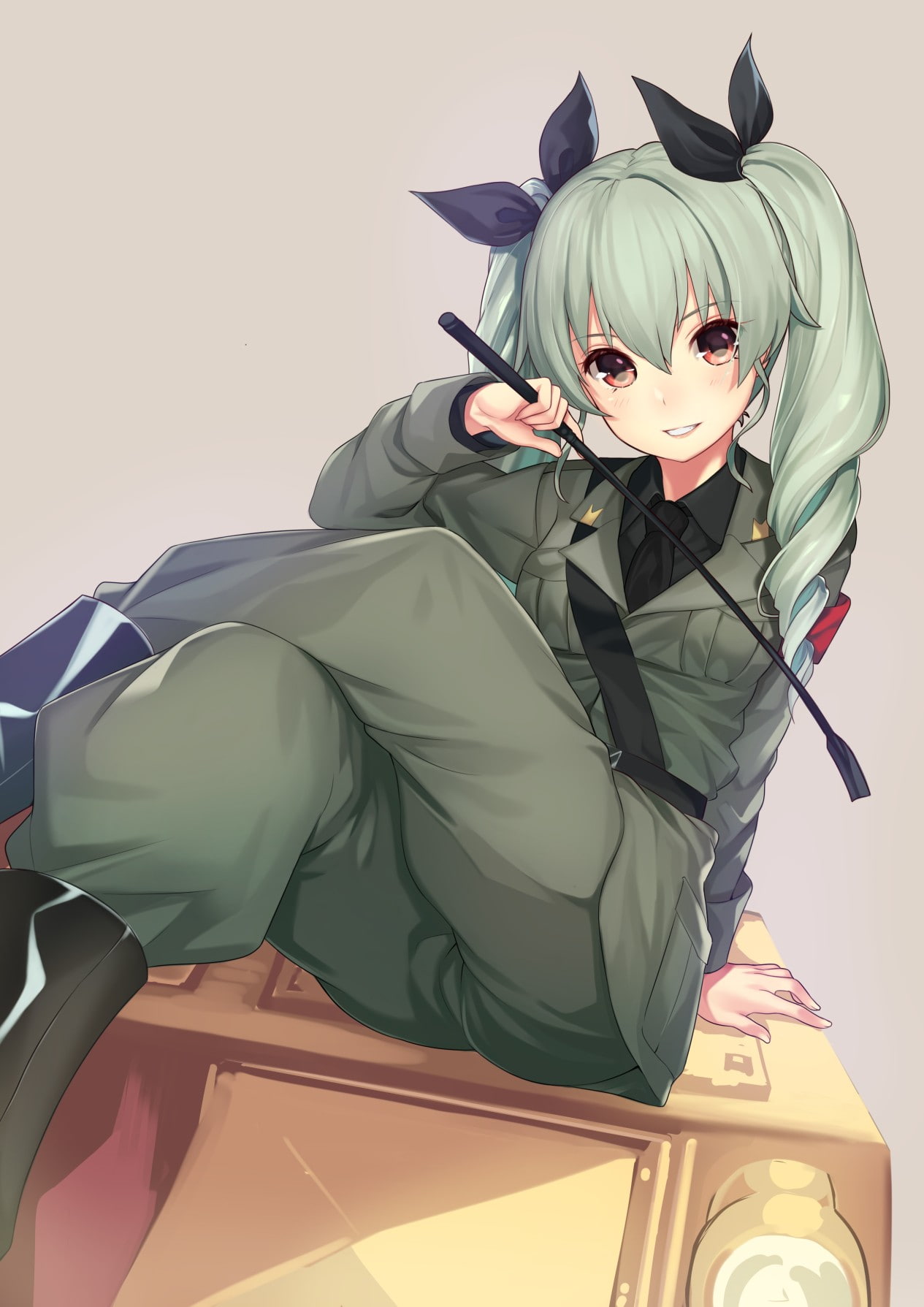 long hair, Anchovy (Girls und Panzer), uniform, anime, Girls und Panzer, green eyes, weapon, red eyes, 720P, anime girls, Phone HD Wallpaper
