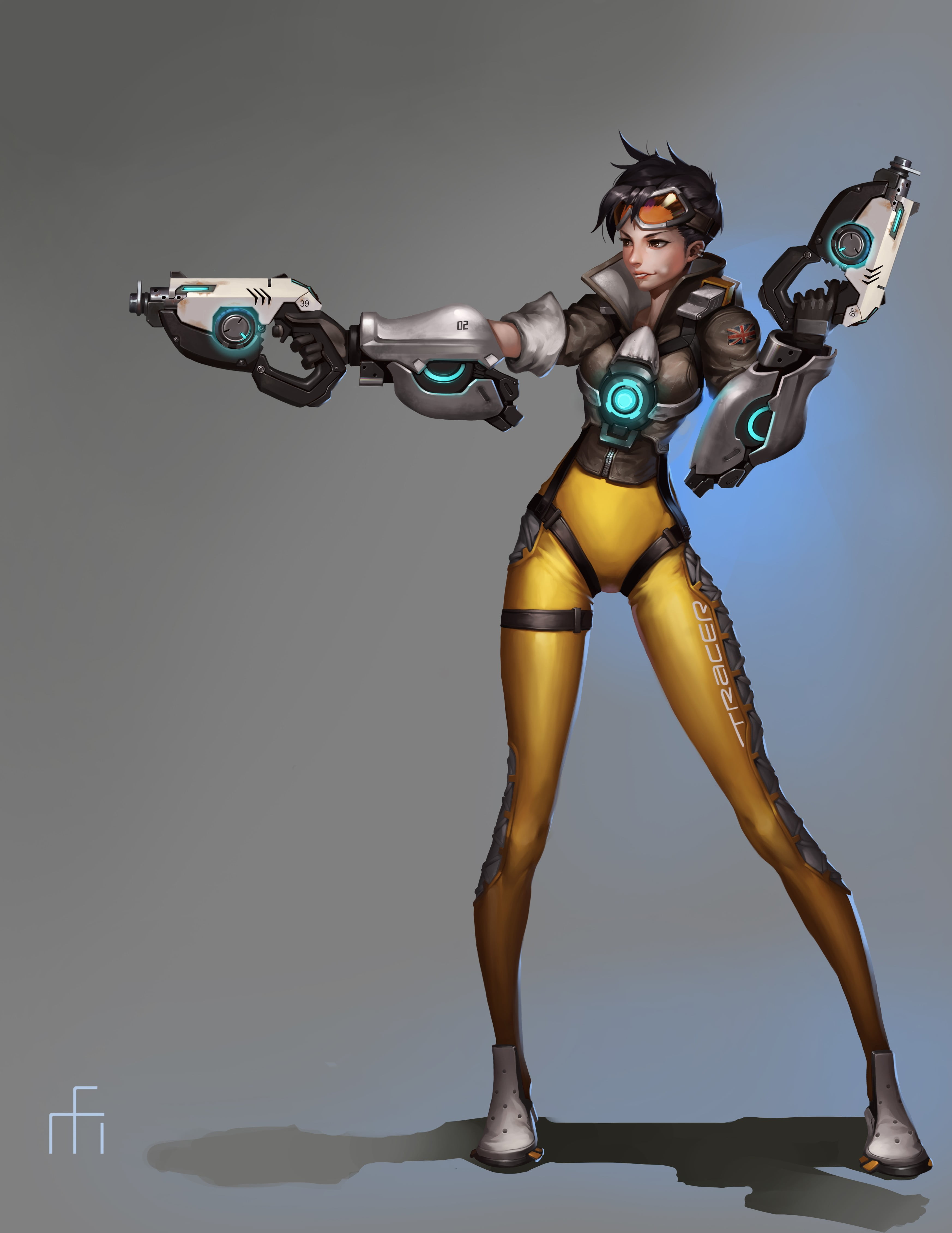 futuristic, silver colored, Tracer (Overwatch), anime girls, robot, full length, portrait, gun, standing, costume, Overwatch, indoors, women, 4K, Phone HD Wallpaper