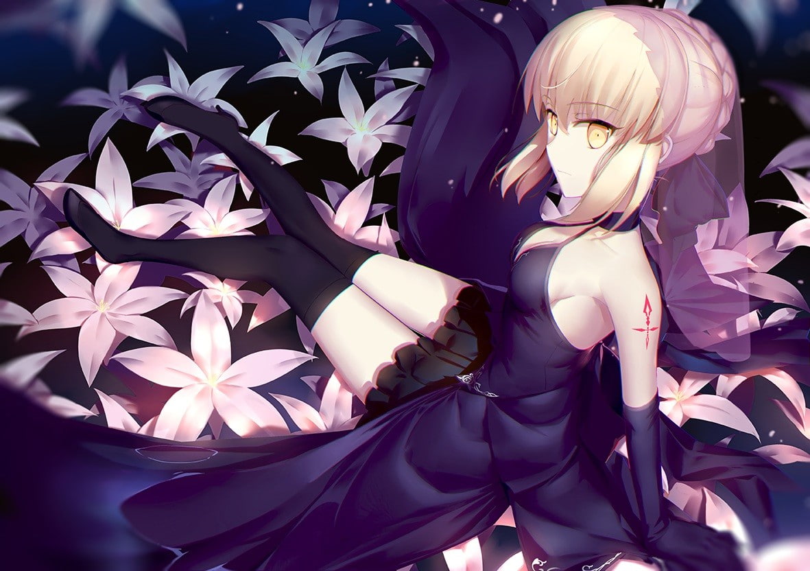 purple dresses, sunlight, illuminated, Fate/Grand Order, flowering plant, no people, yellow eyes, 480P, Saber, female likeness, celebration, craft, man made object, HD Wallpaper