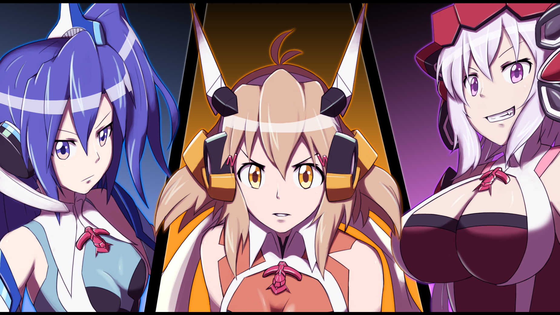 cleavage, long, zesshou, short, headphones, chris, tsubasa, pink, fang, 720P, brown, eyes, yellow, kazanari, senki, purple, symphogear, yukine, hair, tachibana, HD Wallpaper