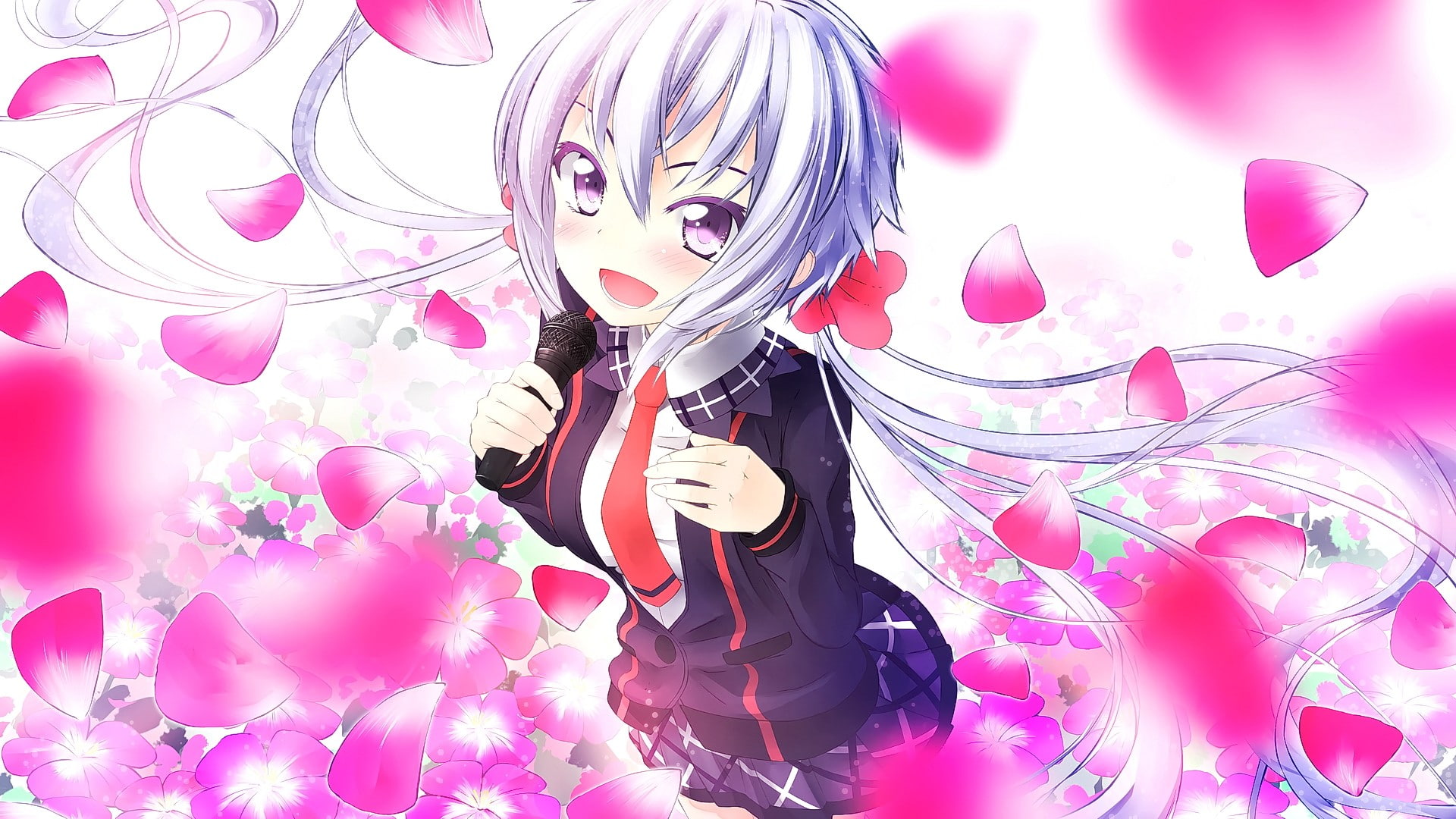 1080P, flowers, microphone, violet eyes, flower petals, blonde, anime girls, Yukine Chris, open mouth, anime, Senki Zesshou Symphogear, long hair, HD Wallpaper