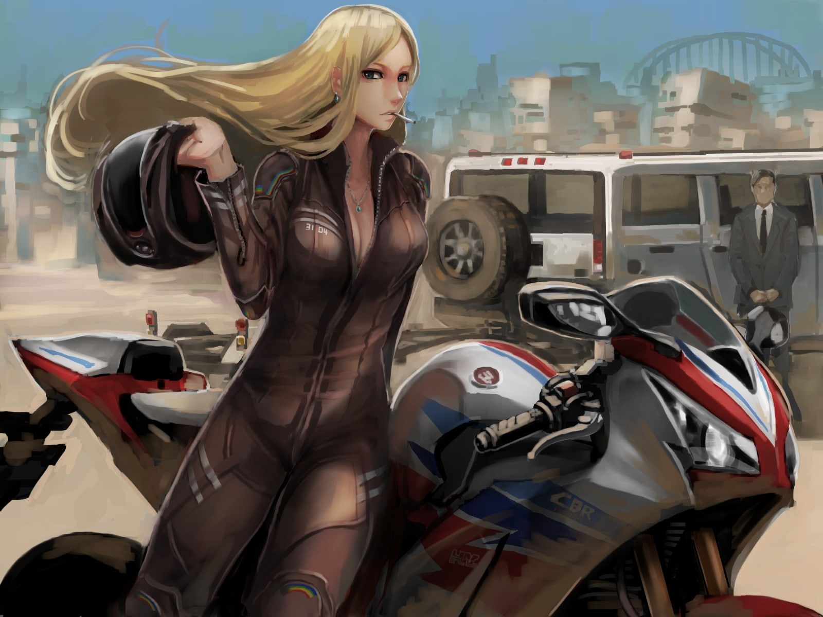 hairstyle, casual clothing, long hair, lifestyles, open shirt, blonde, bodysuit, smoking, mode of transportation, real people, architecture, land vehicle, HD Wallpaper