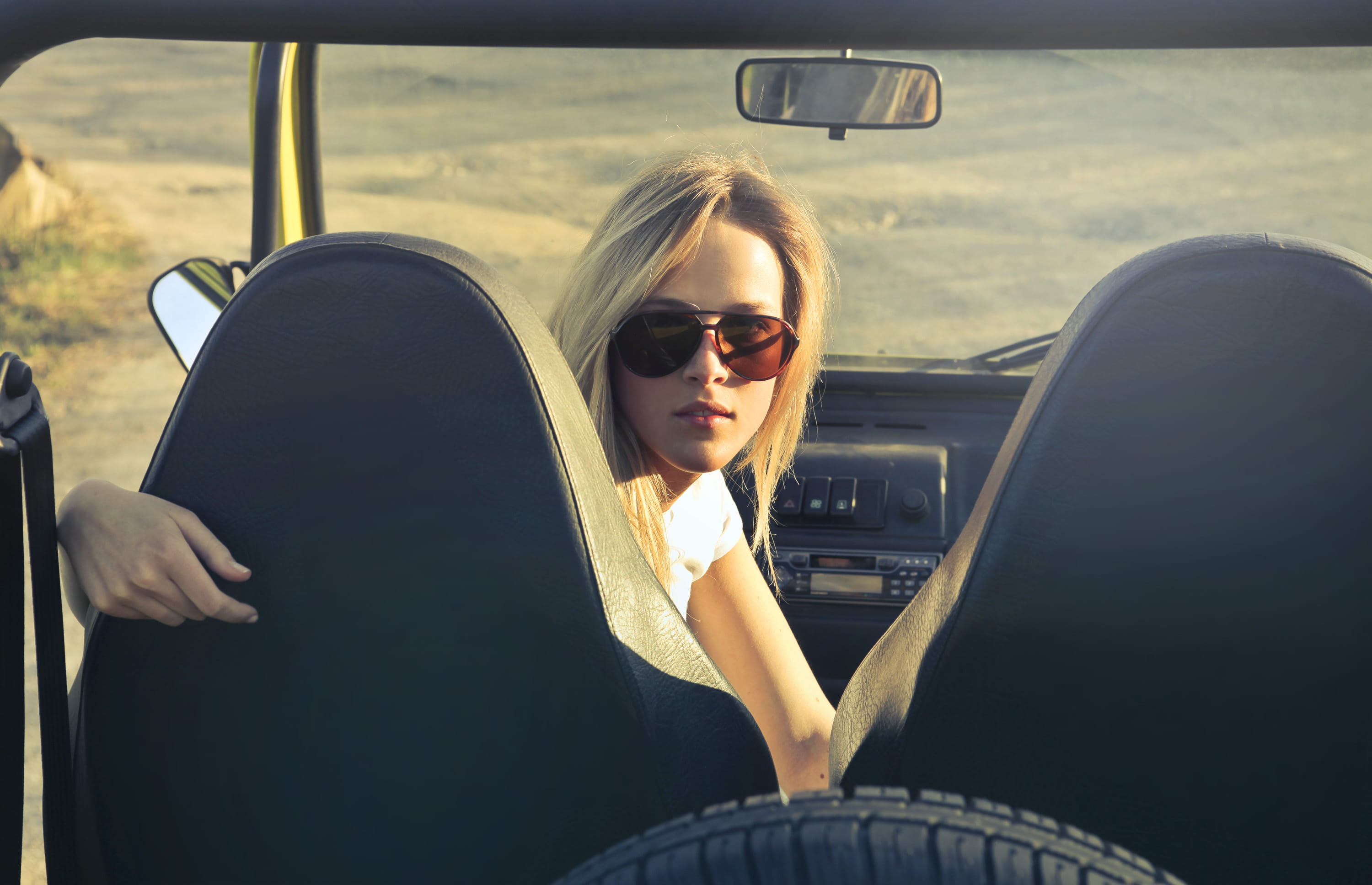 blonde, sunglasses, outside, sitting, car, hairstyle, front seat, young, looking, outdoors, young adult, backside, beautiful woman, motor vehicle, transportation, HD Wallpaper