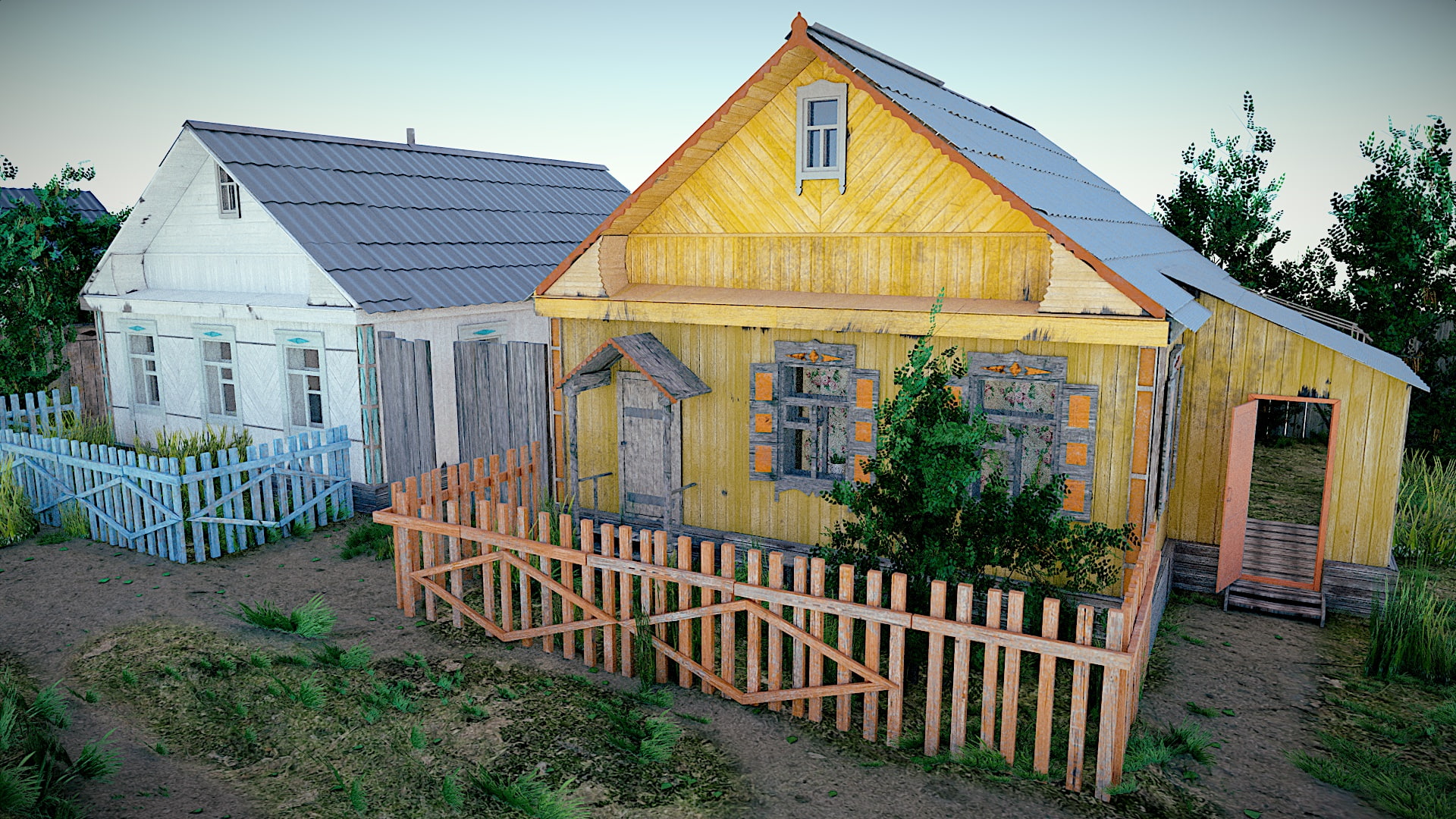 house, blender cycles, Board, roof, the sky, 1080P, Windows, yellow, light, trees, private house, Russian village, the fence, blue, graphics, white, blender, HD Wallpaper
