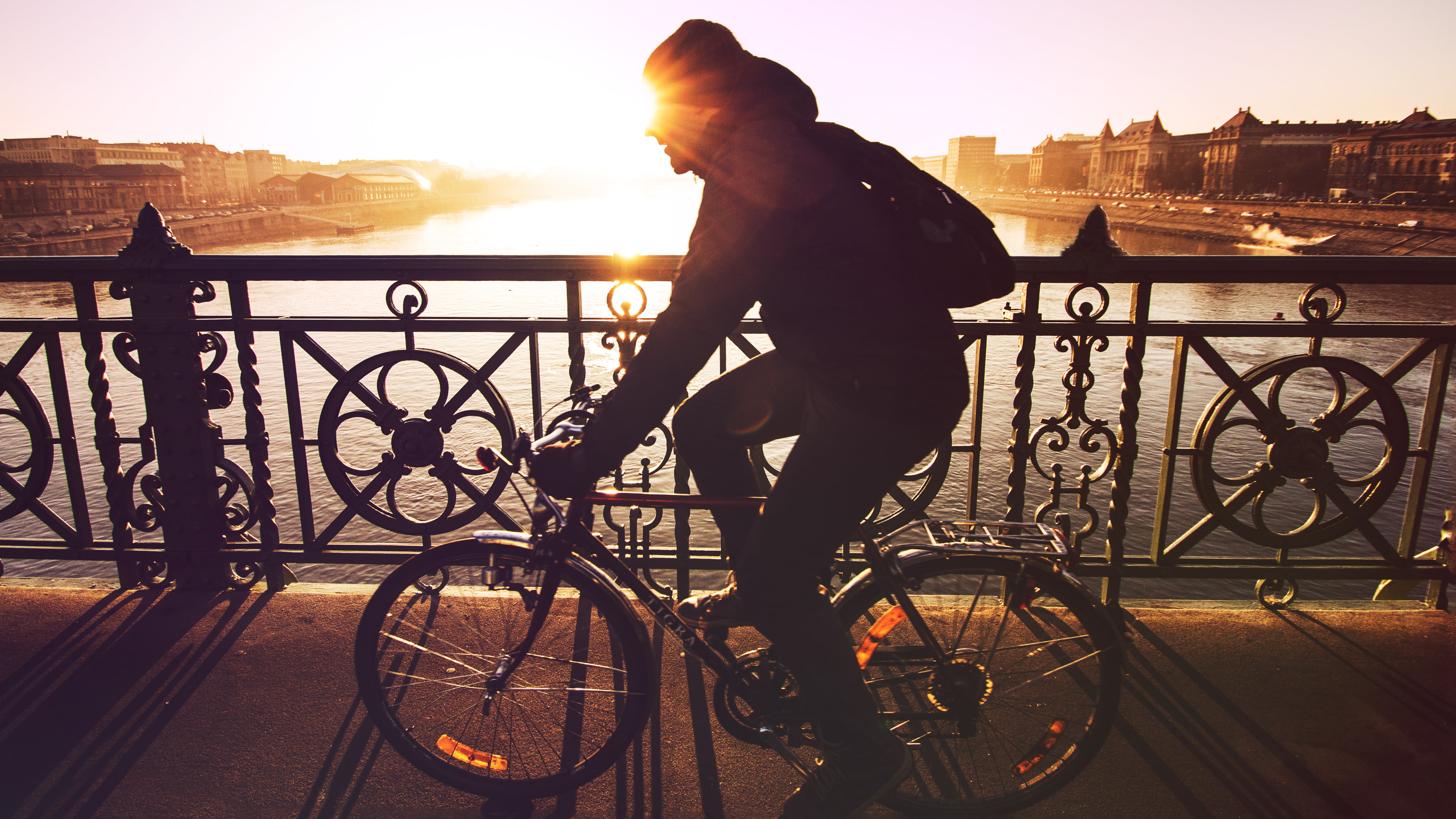 connection, 2K, young Adult, urban Scene, commuting, cityscape, sun, healthy, built structure, winter, railing, people, cycling, architecture, one person, HD Wallpaper