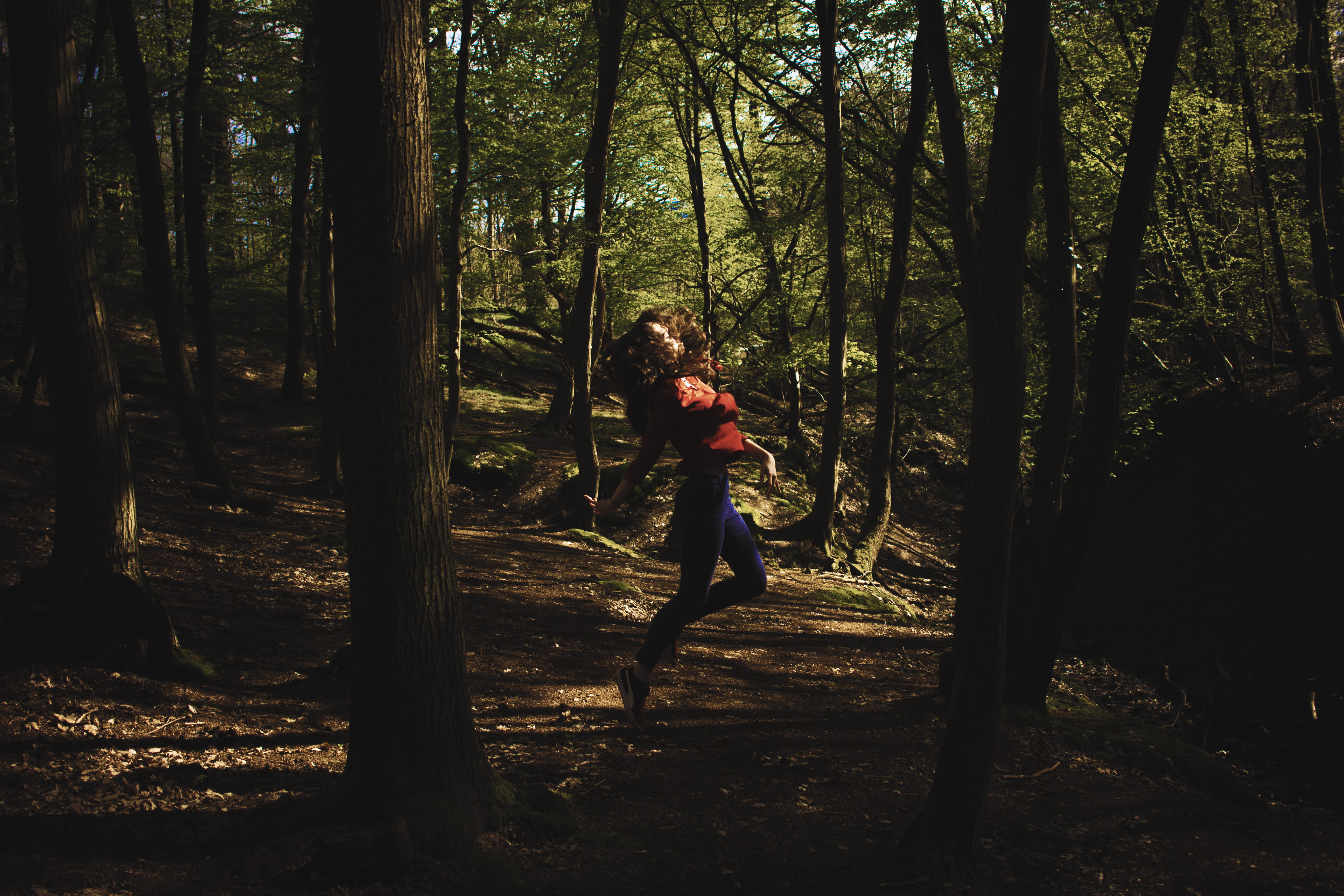 real people, tree trunk, summer, land, women, green, lifestyles, trunk, woodland, full length, one person, shadows, young adult, nature, side view, outdoors, HD Wallpaper