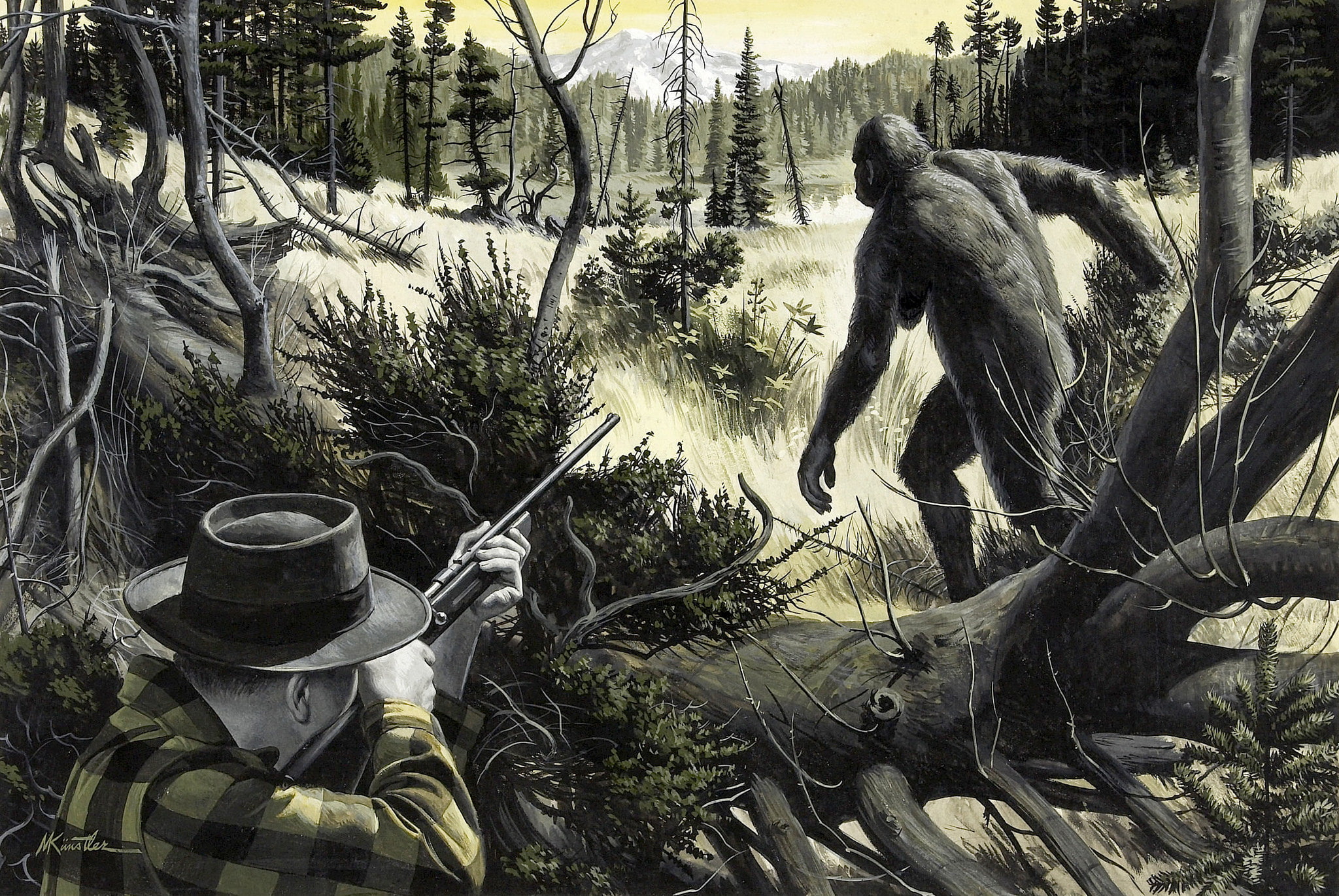 trees, hunter, Yeti, Bigfoot, Mort Künstler, weapons, female, nature, forest, 1080P, HD Wallpaper