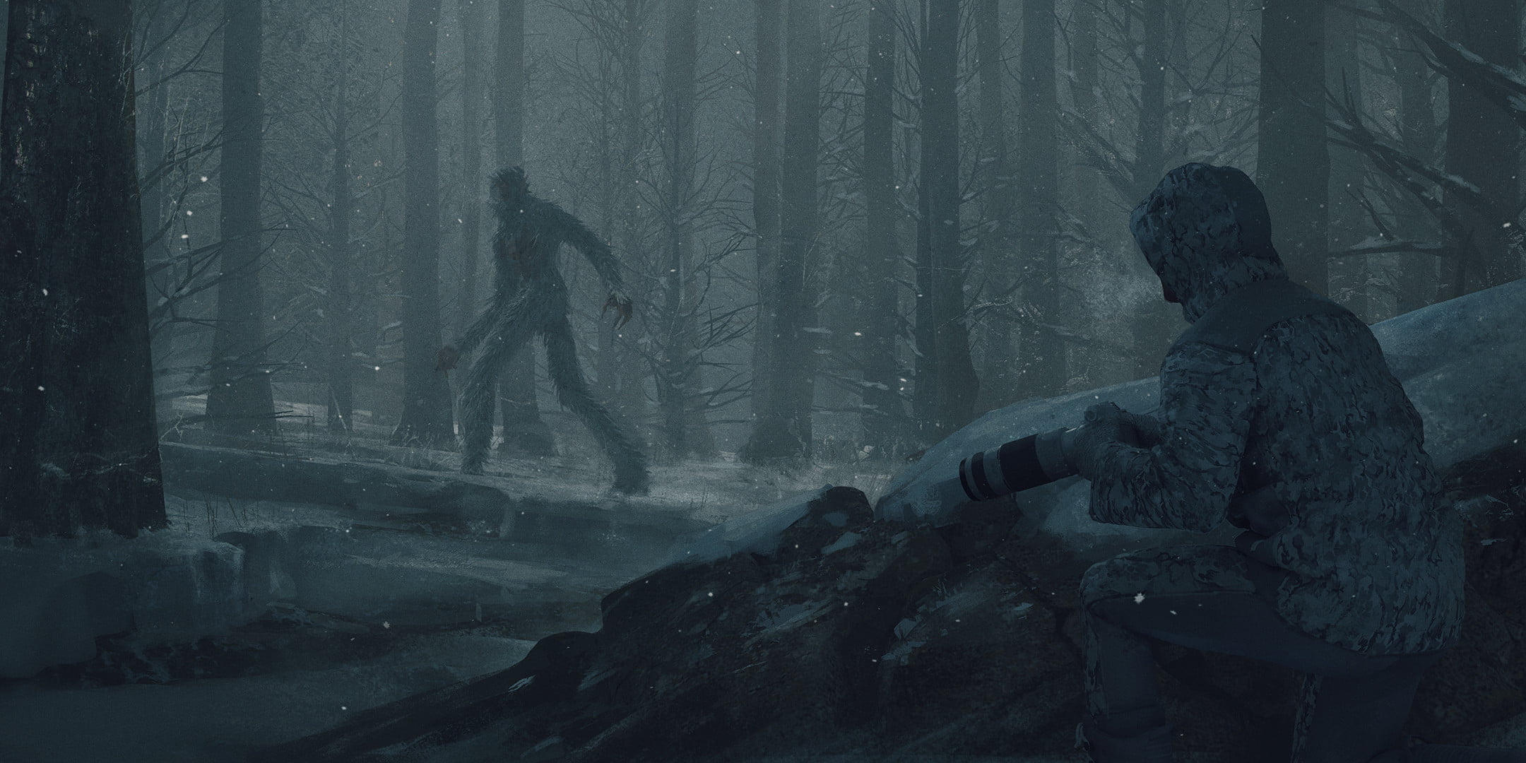 snowing, creepy, 1080P, winter, hoods, camouflage, forest, furry, rocks wall, Yeti, snow flakes, camera, artwork, dark, snow, HD Wallpaper