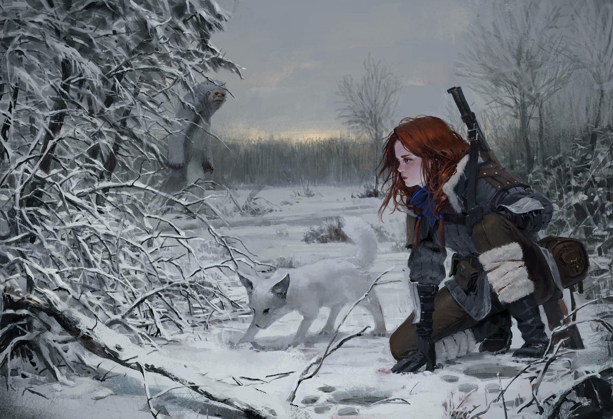 snow, 1080P, hunt, Fantasy, redhead, winter, yeti, fantasy woman, HD Wallpaper