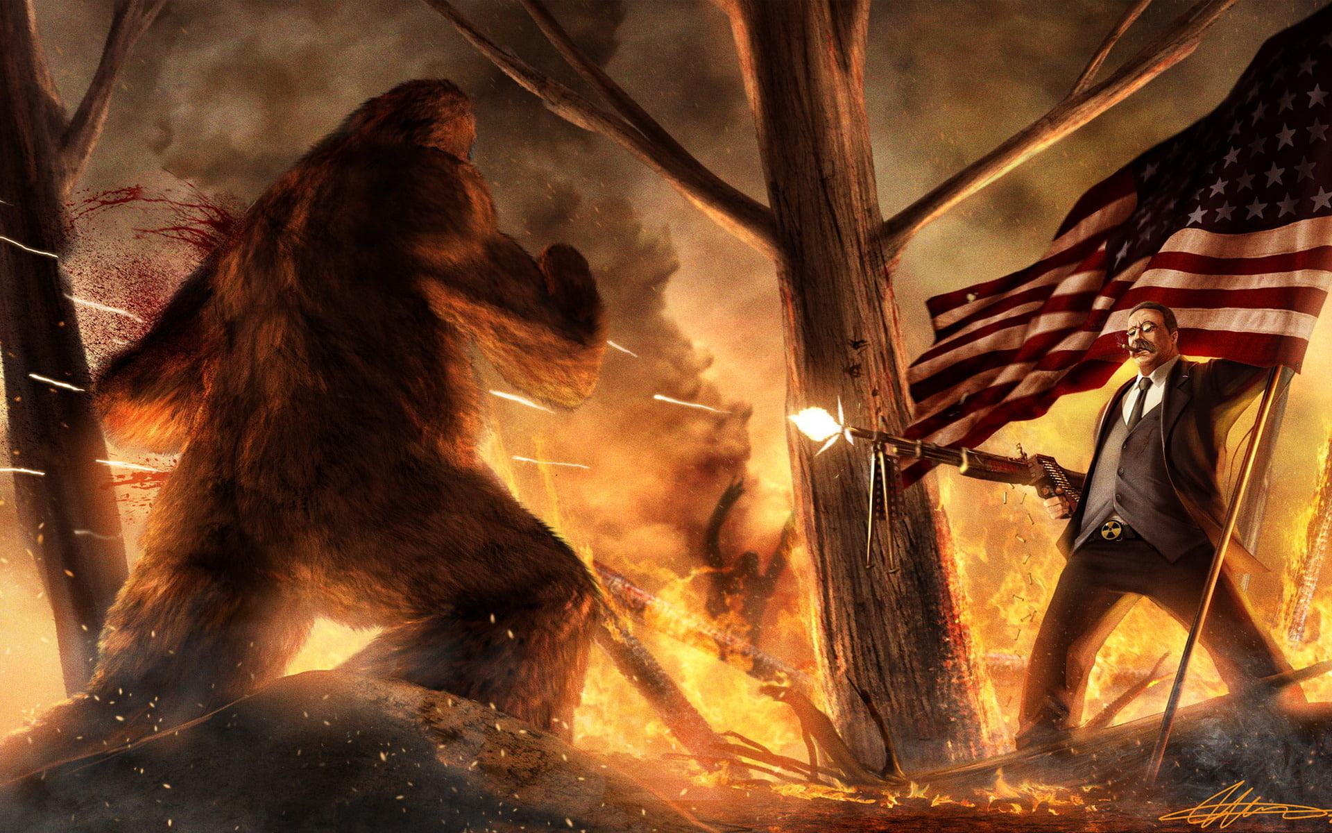 man, machine gun, USA, fire, 1080P, cigar, Forest, squirt, Yeti, bullets, flag, blood, HD Wallpaper