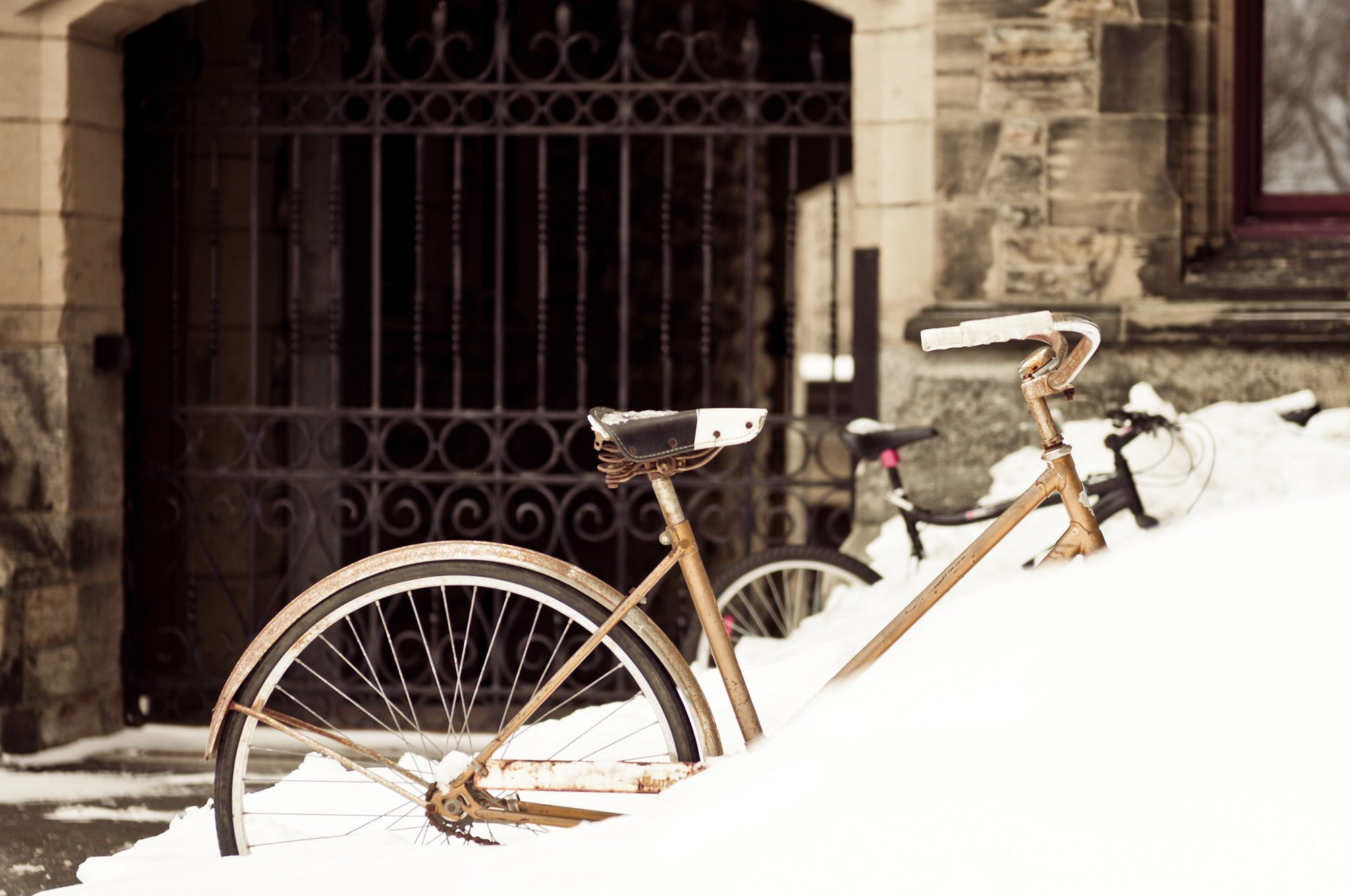 bicycle, snow, bike, brown, hardtail, winter, 1080P, HD Wallpaper