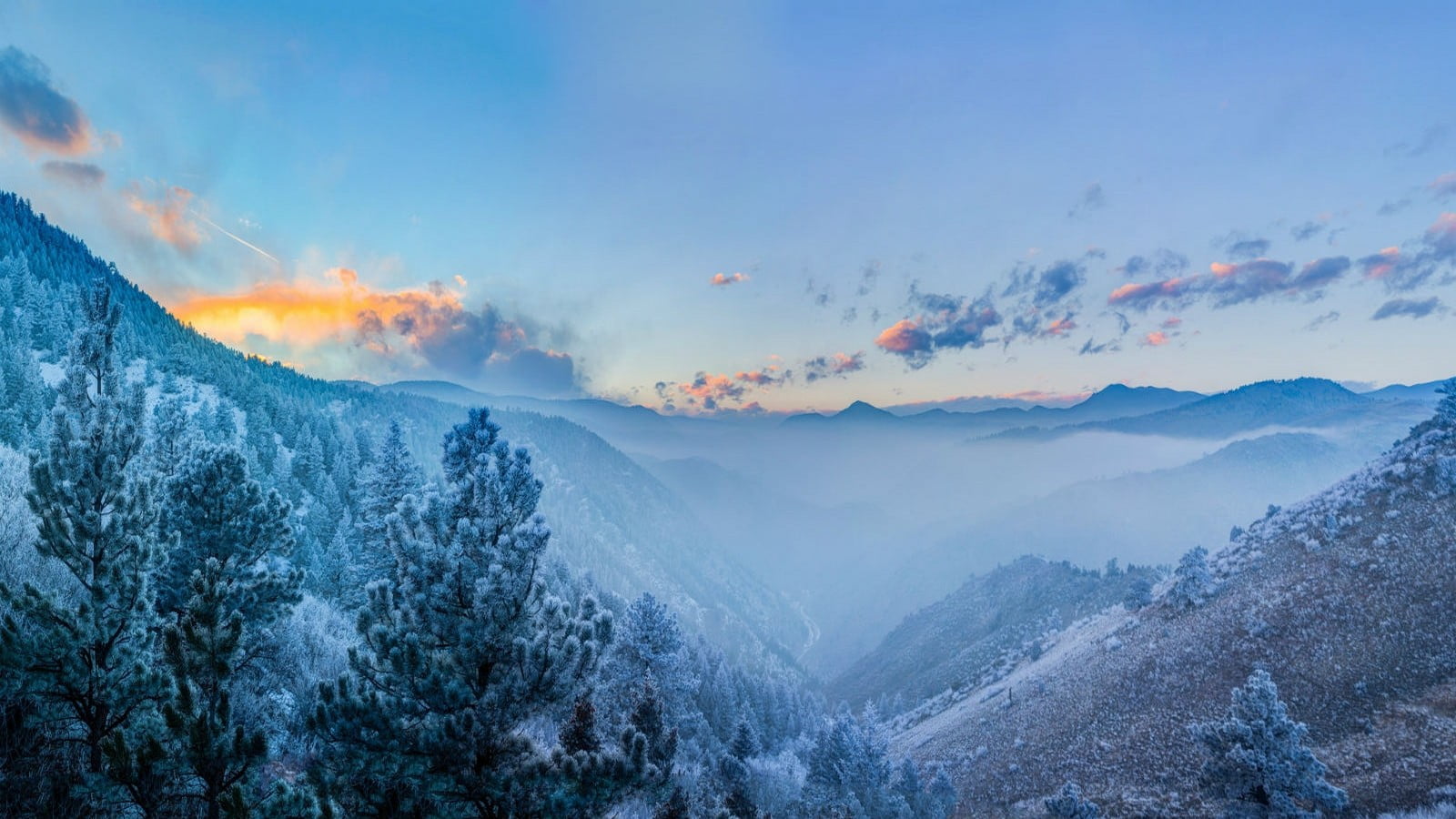 clouds, valley, plant, cold temperature, cloud - sky, forest, sunset, Colorado, snowcapped mountain, tranquility, non-urban scene, tree, winter, nature, HD Wallpaper