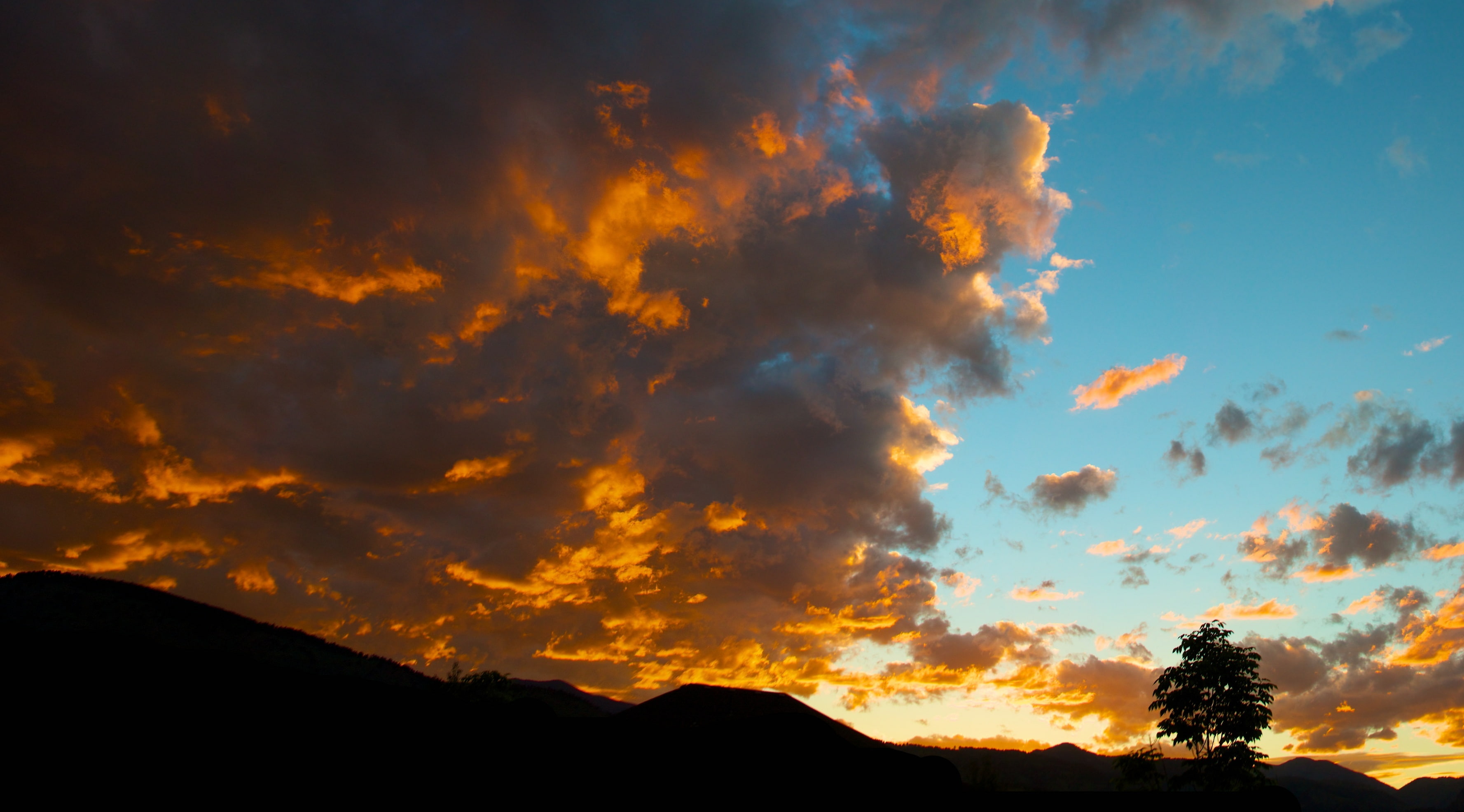Landscape, Vivid, cloud - sky, Mountain, outdoors, Silhouette, Summer, sky, Colorful, dramatic sky, plant, orange color, tranquility, Nature, Outline, scenics - nature, HD Wallpaper