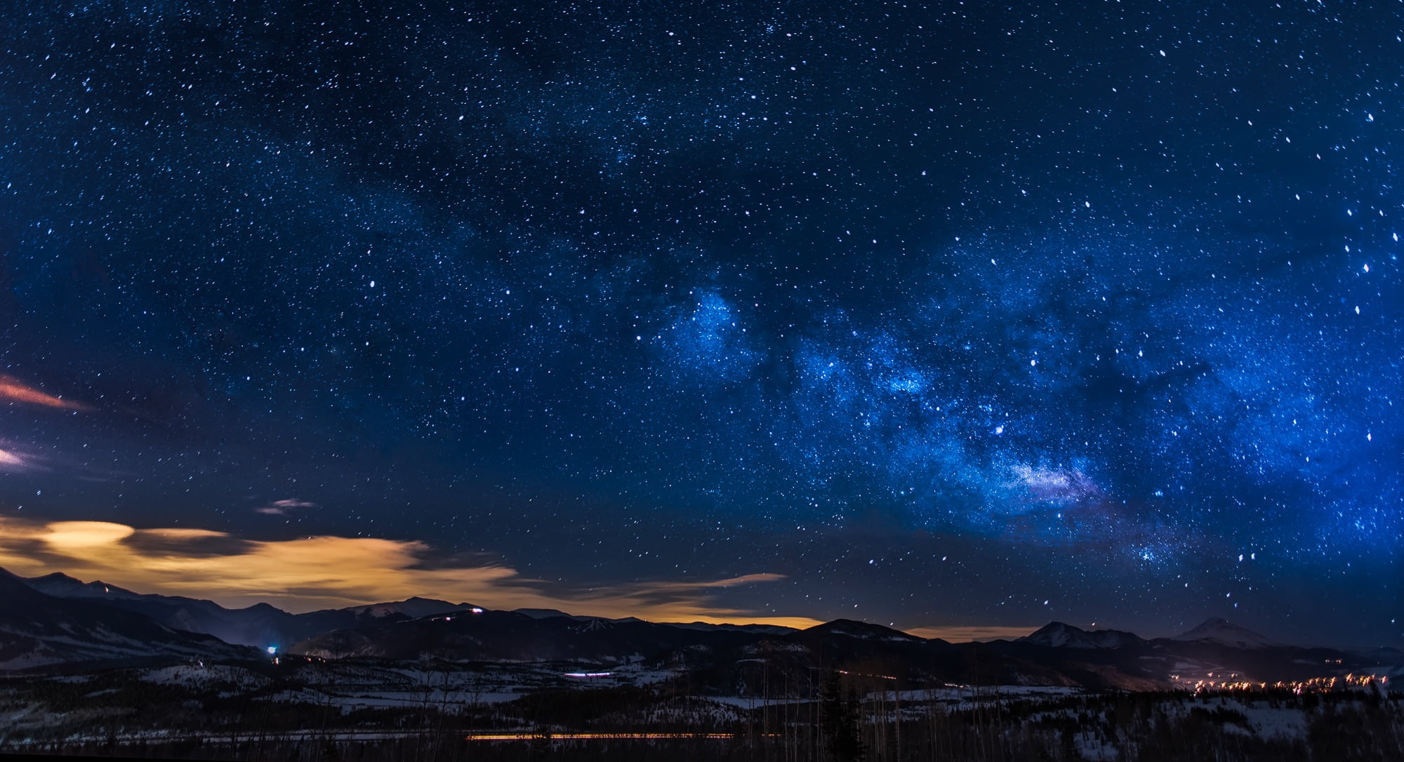 mountain range, country, cityscape, sunset, sky, built structure, nature, winter, stars, forest, milky way, beautiful, snow, star field, dusk, galaxy, trees, HD Wallpaper