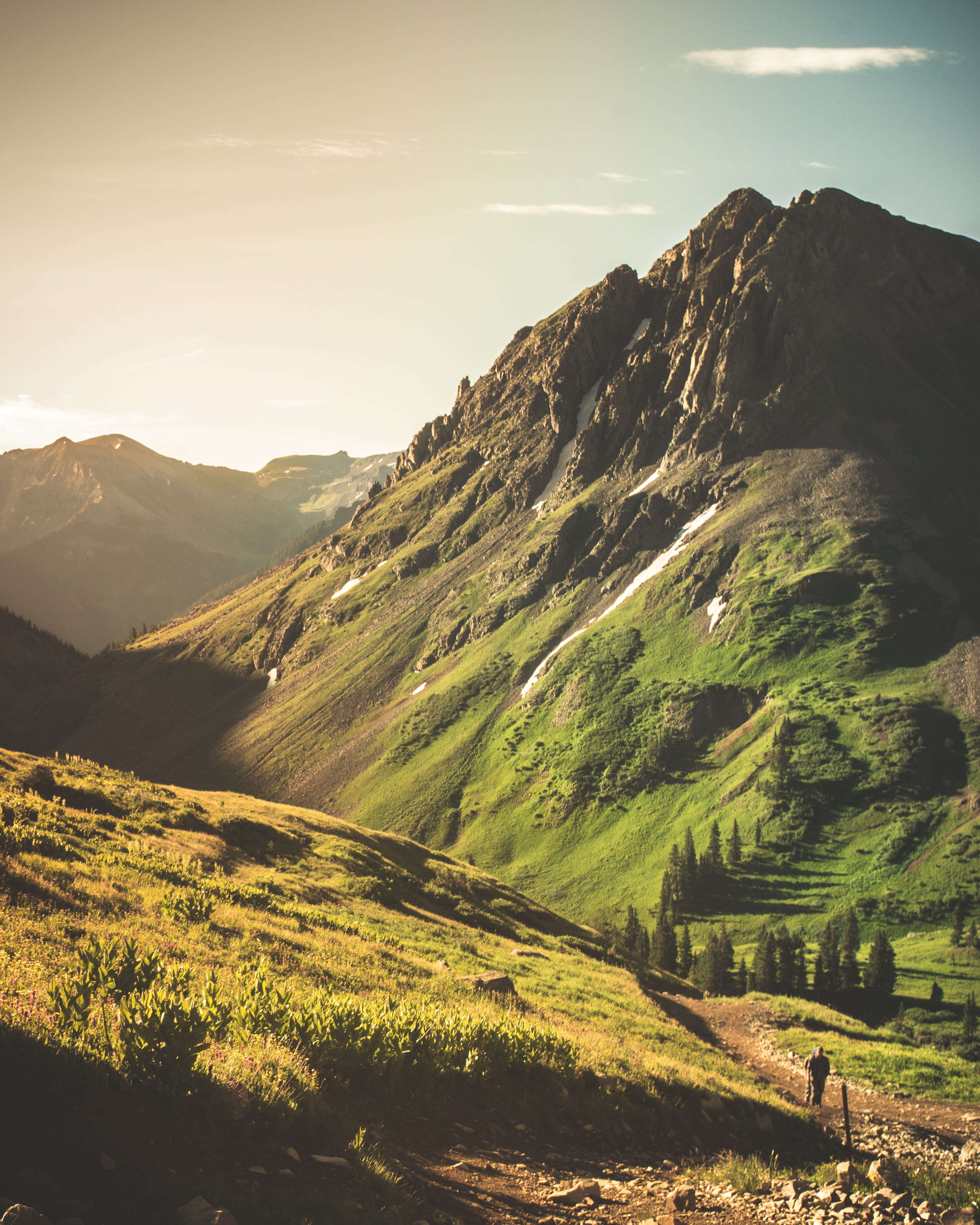 green, mountains, green color, outdoors, mount sneffels, tranquility, mountain range, environment, nature, sunlight, grass, plant, sunset, mountain peak, Phone HD Wallpaper