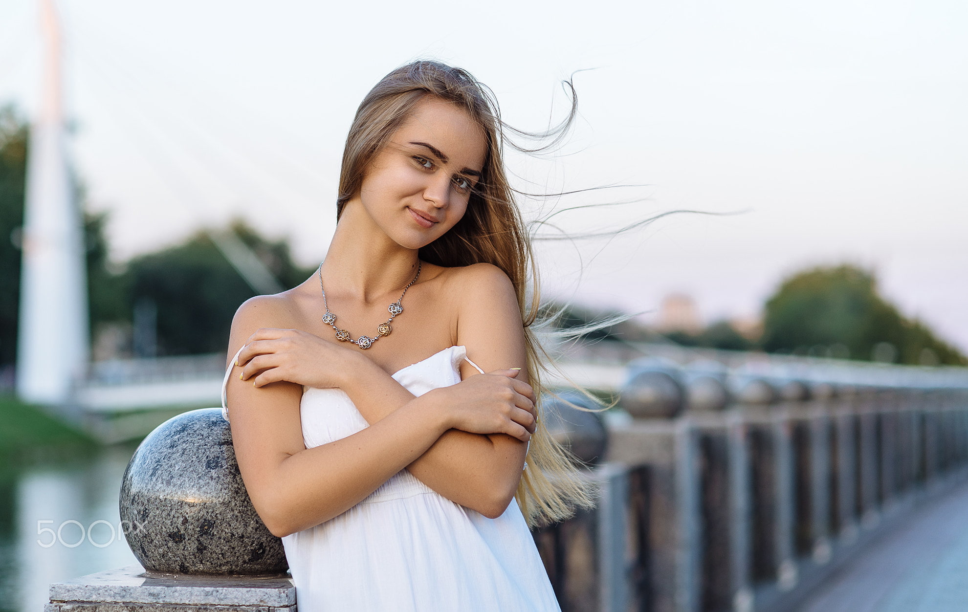 Roma Chernotitckiy, women outdoors, necklace, women, bare shoulders, 1080P, smiling, long hair, model, HD Wallpaper