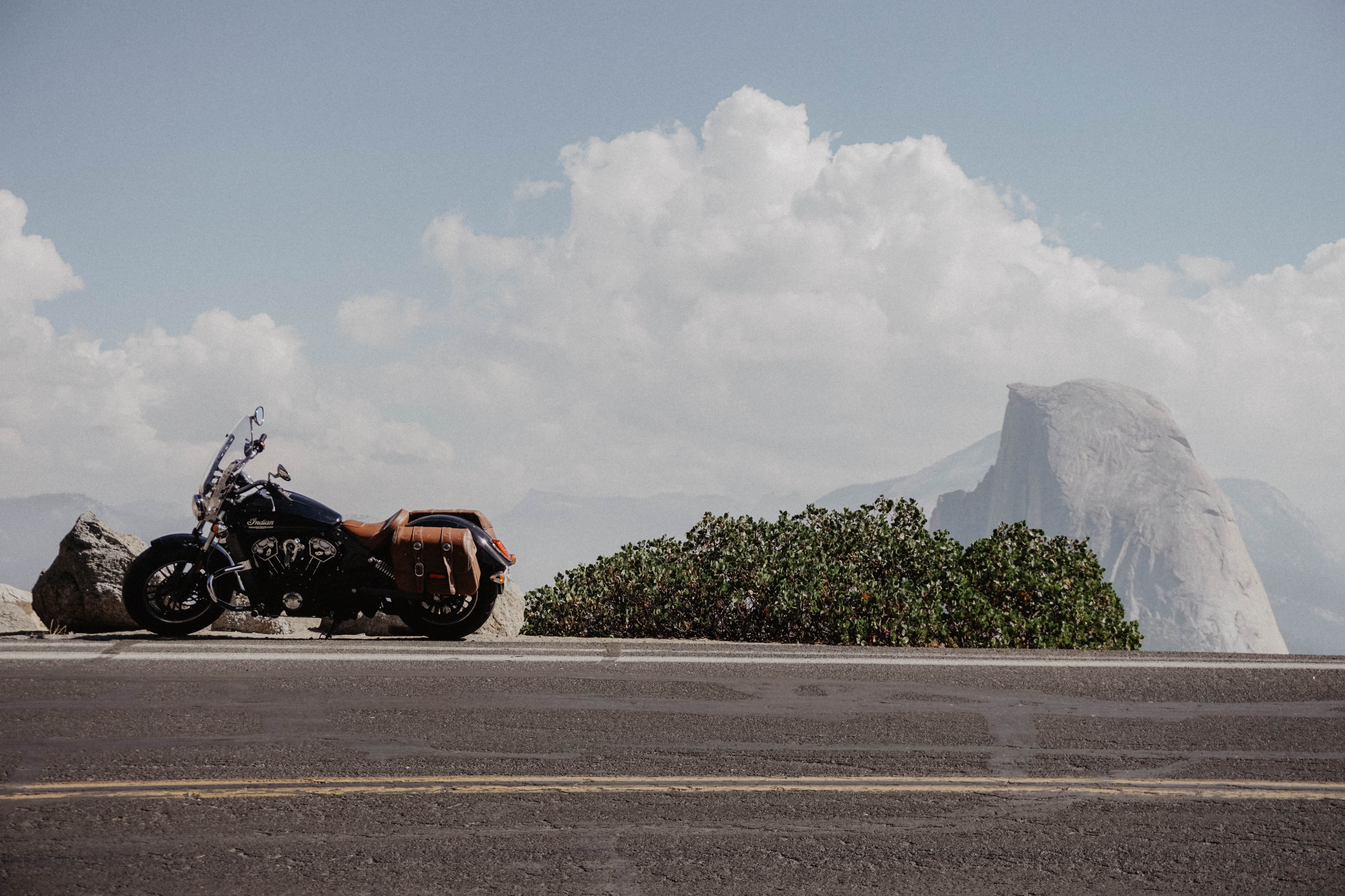5K, car, day, cruiser, motorcyle, half dome, road, harley, yosemite, plant, yosemite valley, street, sign, black, outdoors, nature, biker, city, glacier point, HD Wallpaper