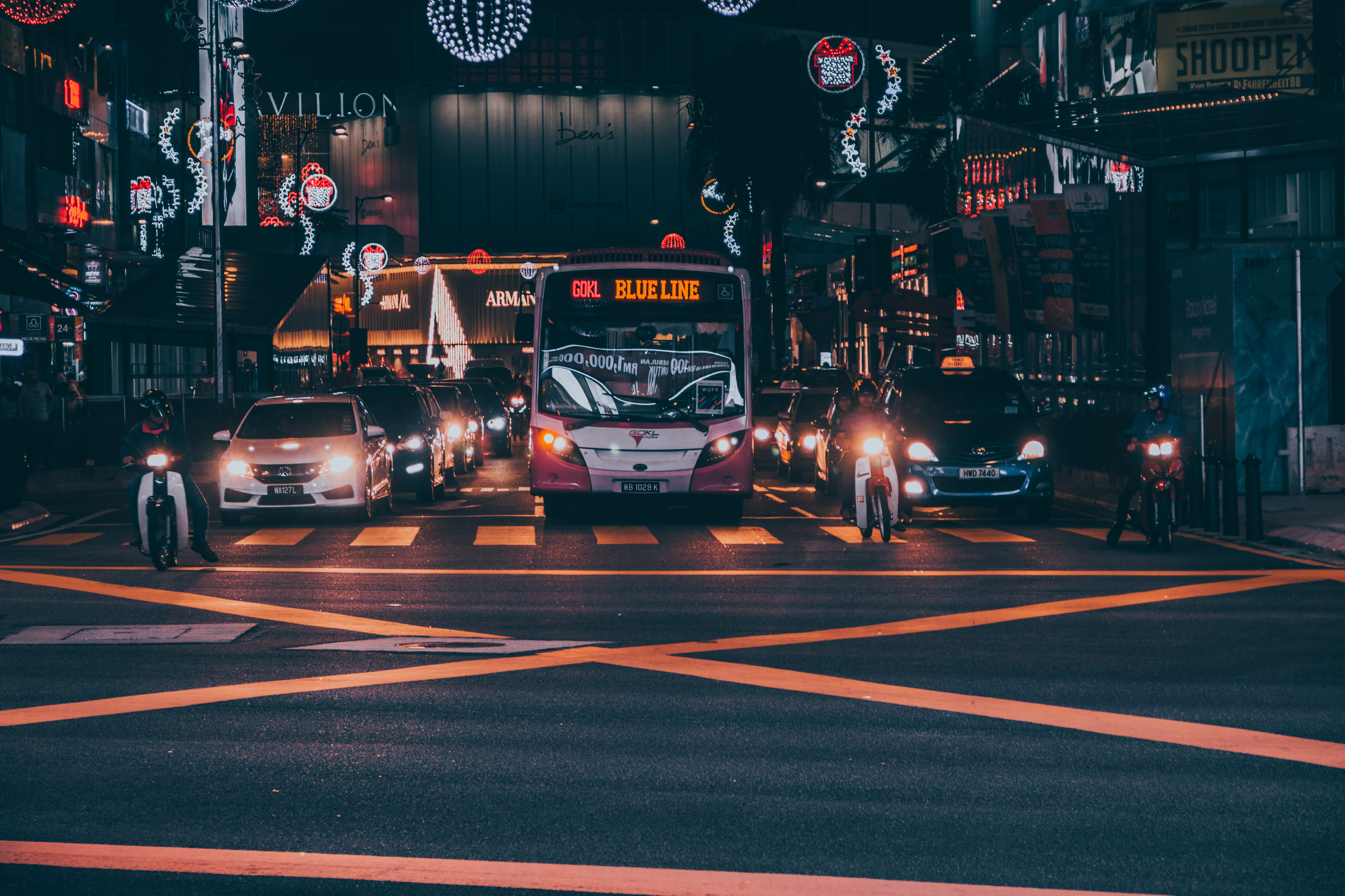 bus, mode of transportation, asphalt, vehicles, city, built structure, street, dark, white, motion, motorcyle, moody, marking, night, transport, traffic, HD Wallpaper
