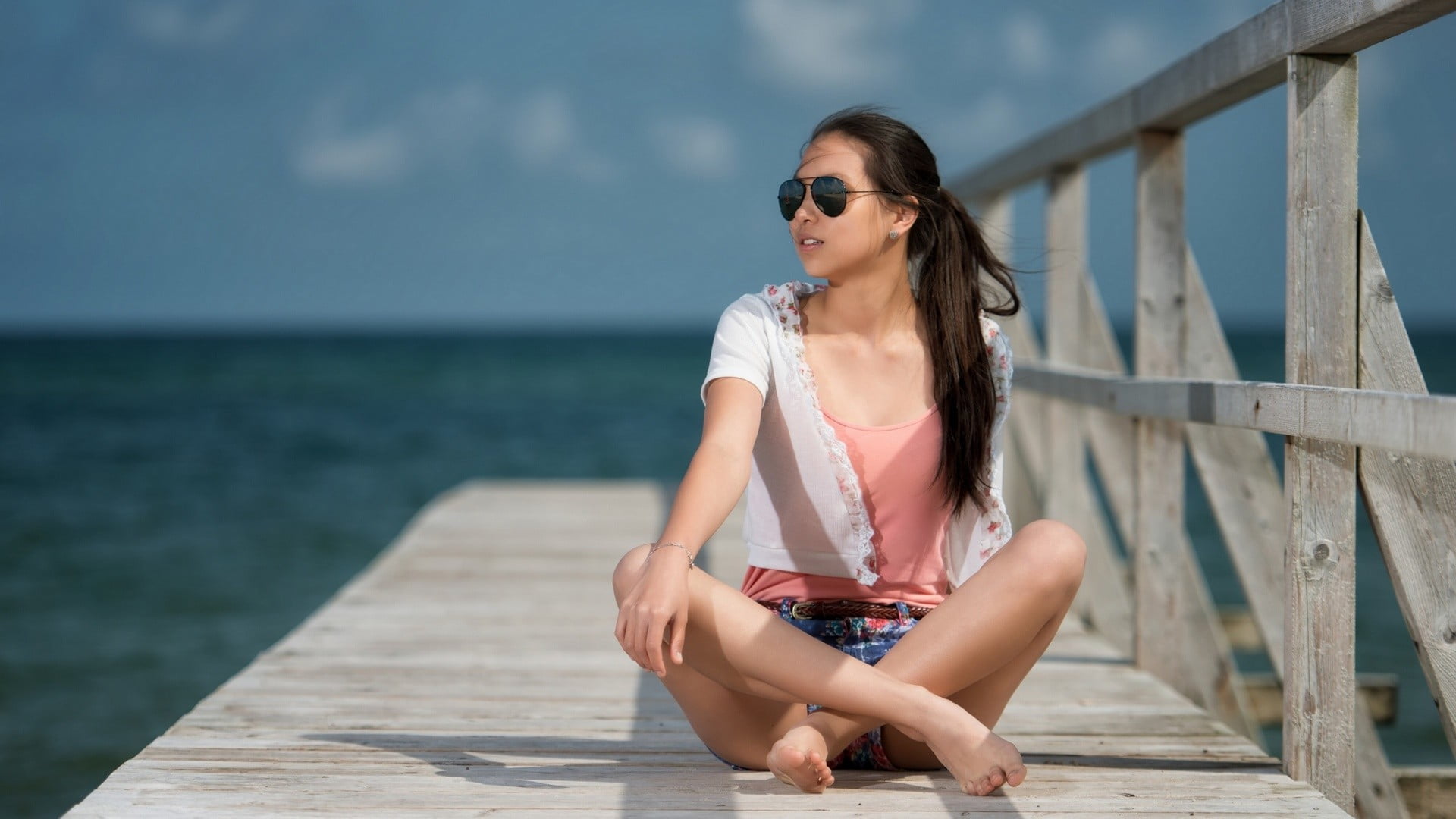 young women, real people, haired, clothing, sitting, women, black, outdoors, beauty, hairstyle, woman, sunlight, water, lifestyles, dock, leisure activity, HD Wallpaper