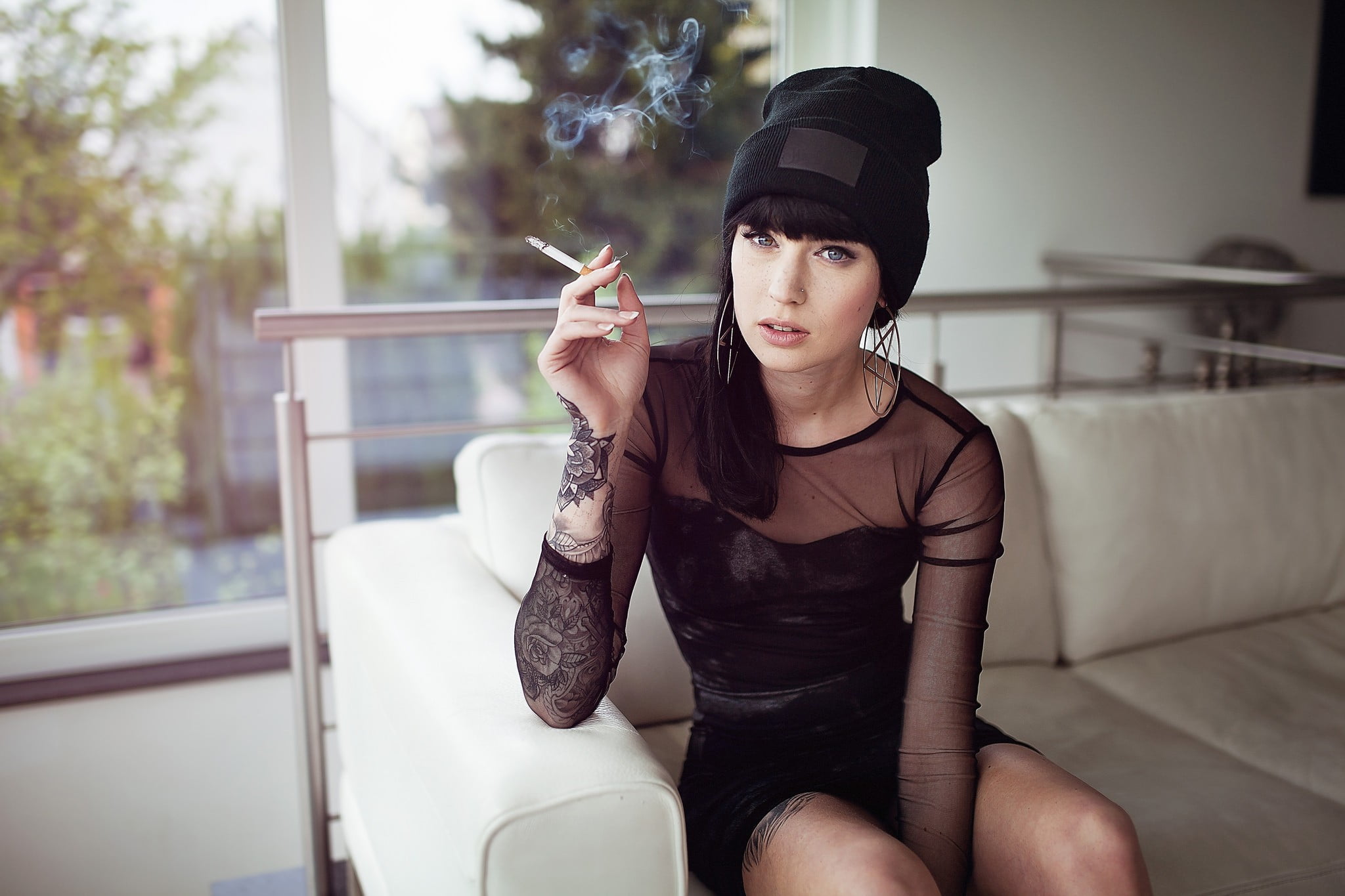 lifestyles, 1080P, beanie, clothing, casual clothing, three quarter length, indoors, sitting, hat, looking, beautiful woman, hairstyle, looking at viewer, HD Wallpaper