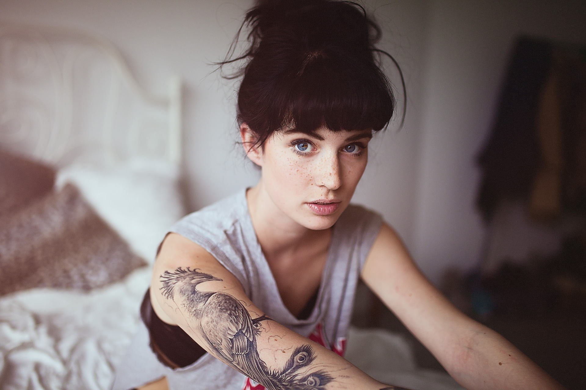 real people, child, young adult, bed, home interior, adult, model, blue eyes, freckles, in bed, looking at viewer, brown hair, 1080P, young women, contemplation, HD Wallpaper