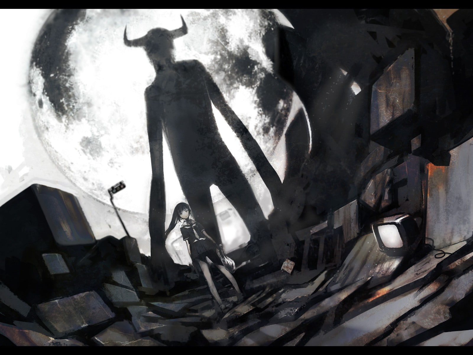 demon, anime girls, black hair, horns, 720P, Devil, Moon, original characters, TV, anime, shadow, HD Wallpaper