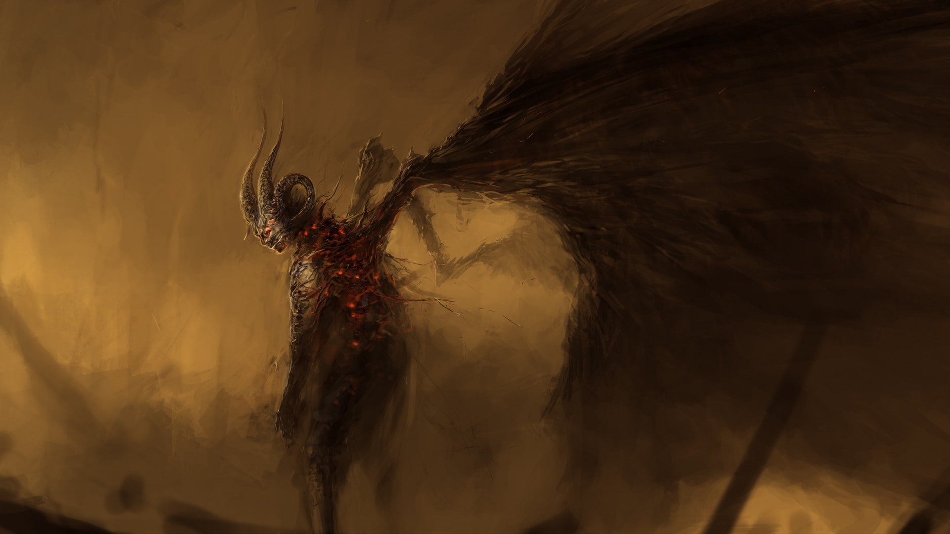 horns, dark fantasy, devils, wings, 1080P, demon, fantasy art, HD Wallpaper
