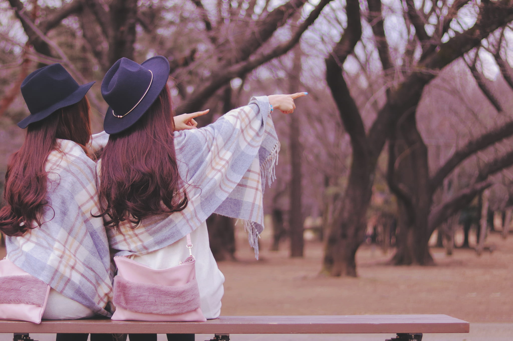 blue, long hair, clothing, enjoyment, nature, real people, right, selective, day, smiling, wearing, hat, sitting, adult, side, two women, casual clothing, HD Wallpaper