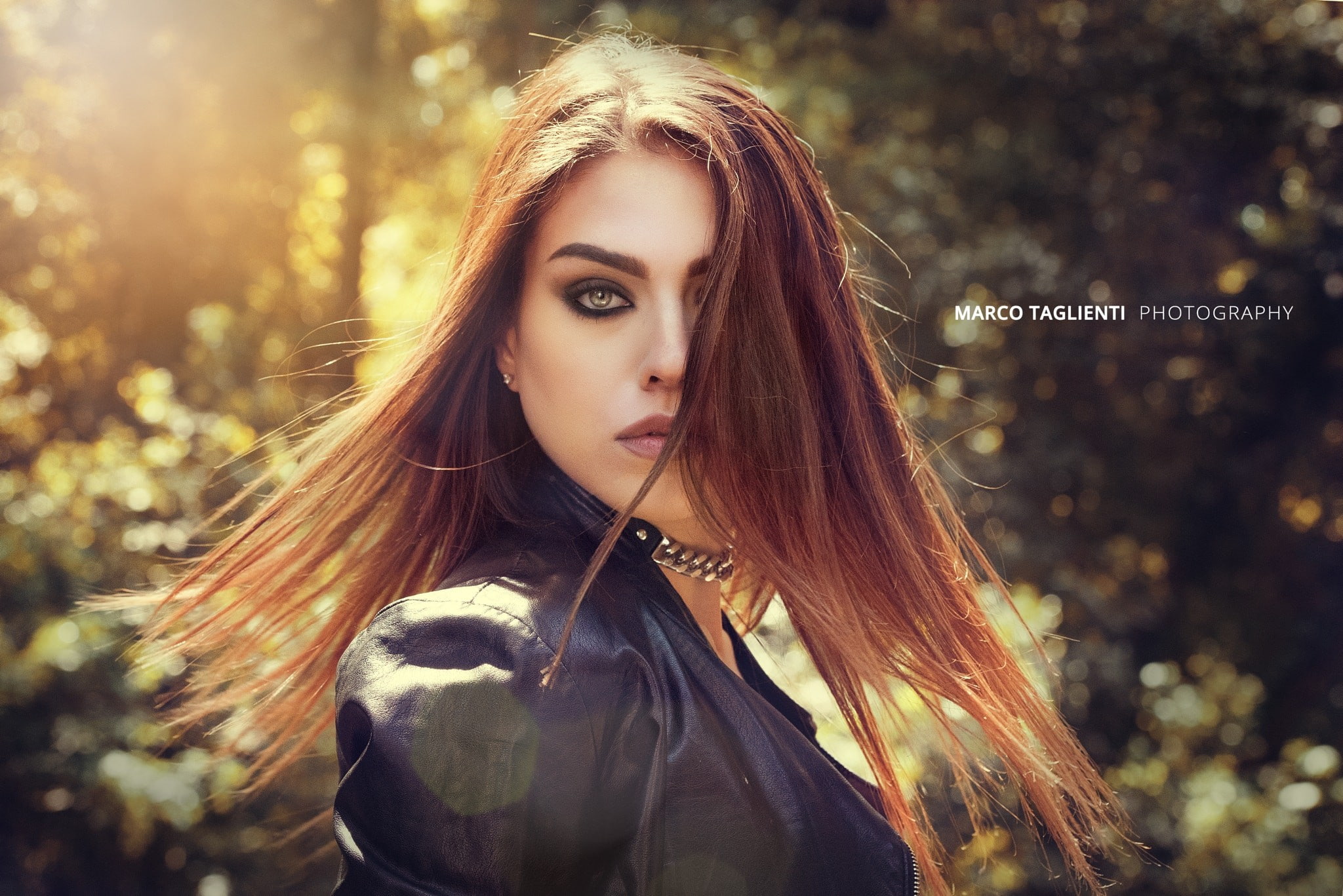 smoky eyes, 1080P, choker, women, wide jaw, women outdoors, green eyes, hair in face, bokeh, leather jackets, sunlight, brunette, Marco Taglienti, portrait, HD Wallpaper