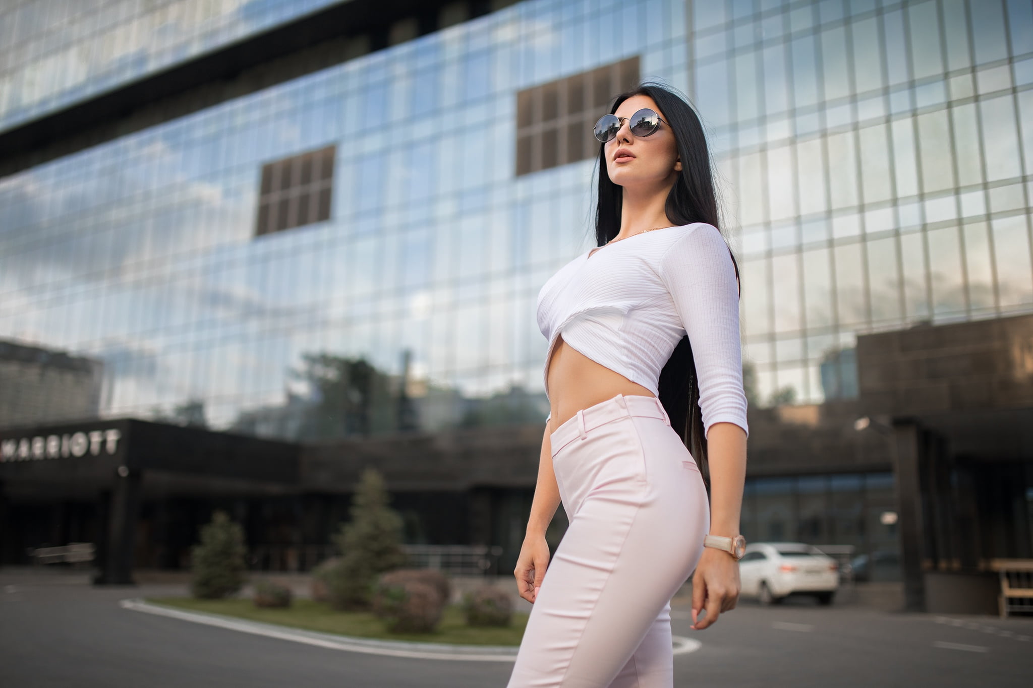 portrait, pants, white clothing, model, belly, Dmitry Sn, urban, women, building, Dmitry Shulgin, women outdoors, Kristina Romanova, women with shades, HD Wallpaper