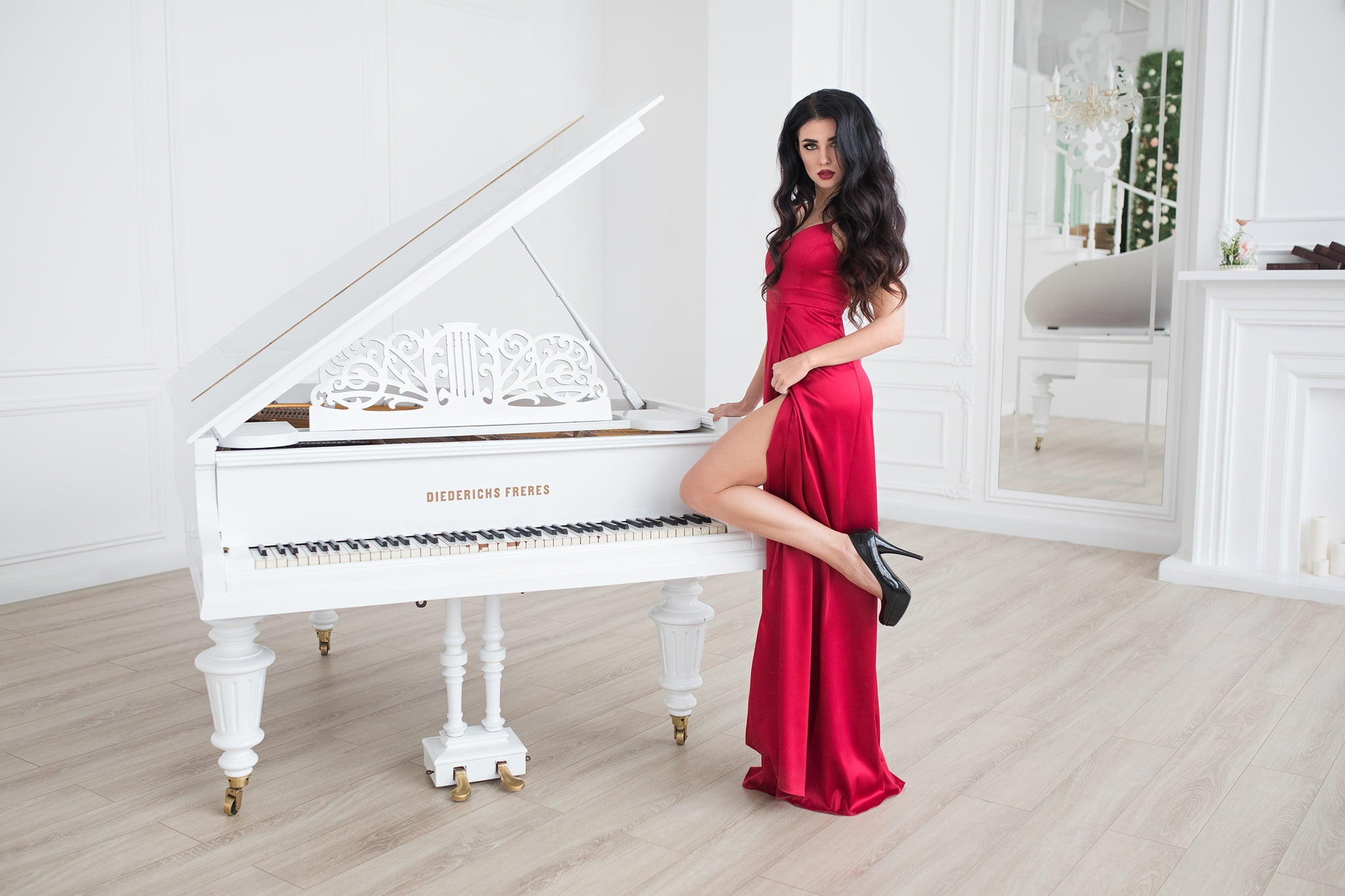 piano, dress, Kristina Romanova, Girl, 1080P, Dmitry Shulgin, HD Wallpaper