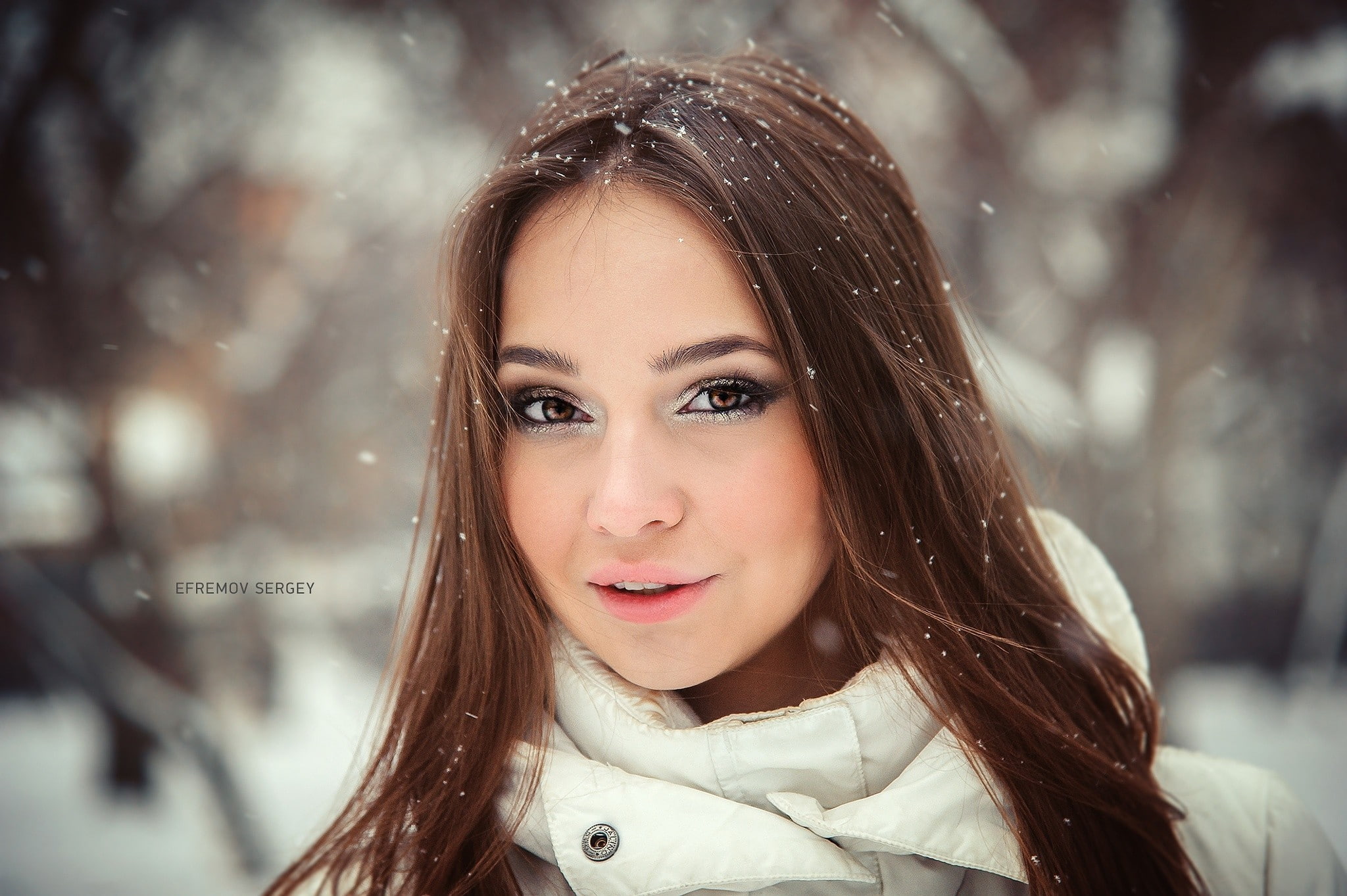 brown eyes, depth of field, long hair, straight hair, face, portrait, smiling, snow, brunette, white jacket, Oksana, women, 1080P, Sergey Efremov, pink, HD Wallpaper