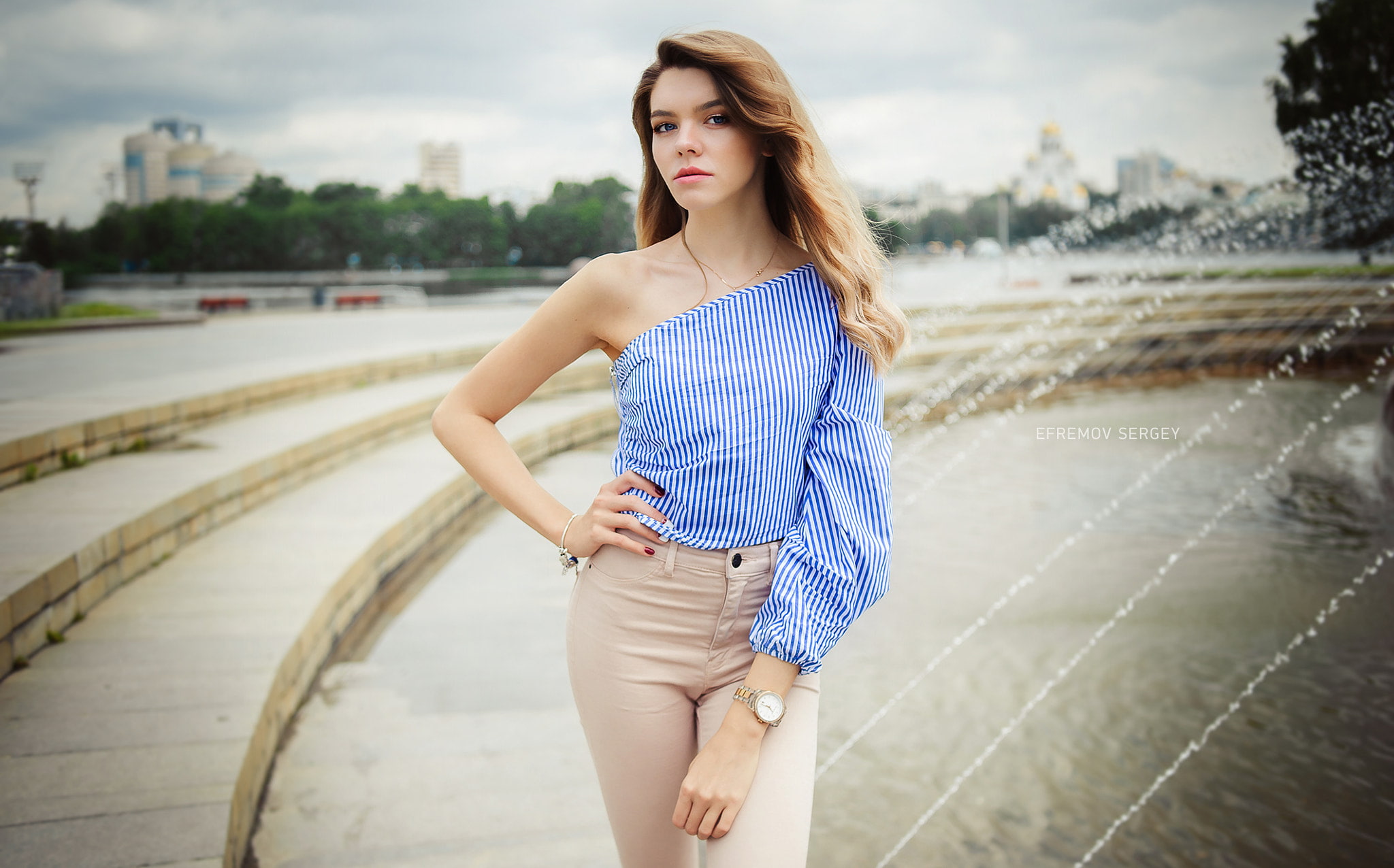 front view, blue shirt, casual clothing, women, beautiful woman, clothing, real people, outdoors, Victoria, lifestyles, bokeh, standing, young adult, leisure activity, HD Wallpaper