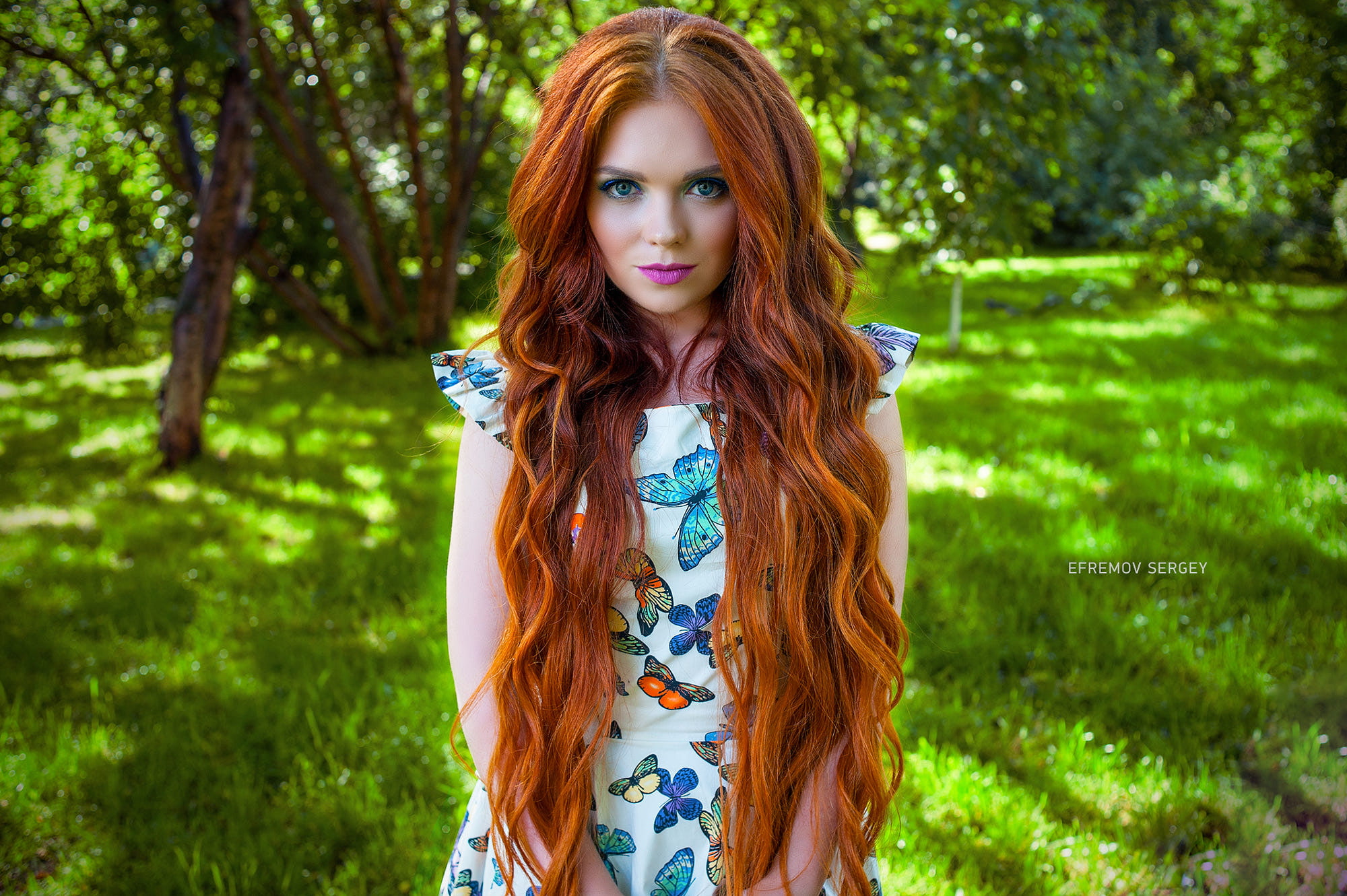 pale, women outdoors, face, long hair, eyeshadow, blue eyes, Sergey Efremov, portrait, 1080P, women, wavy hair, redhead, dress, pink lipstick, trees, HD Wallpaper
