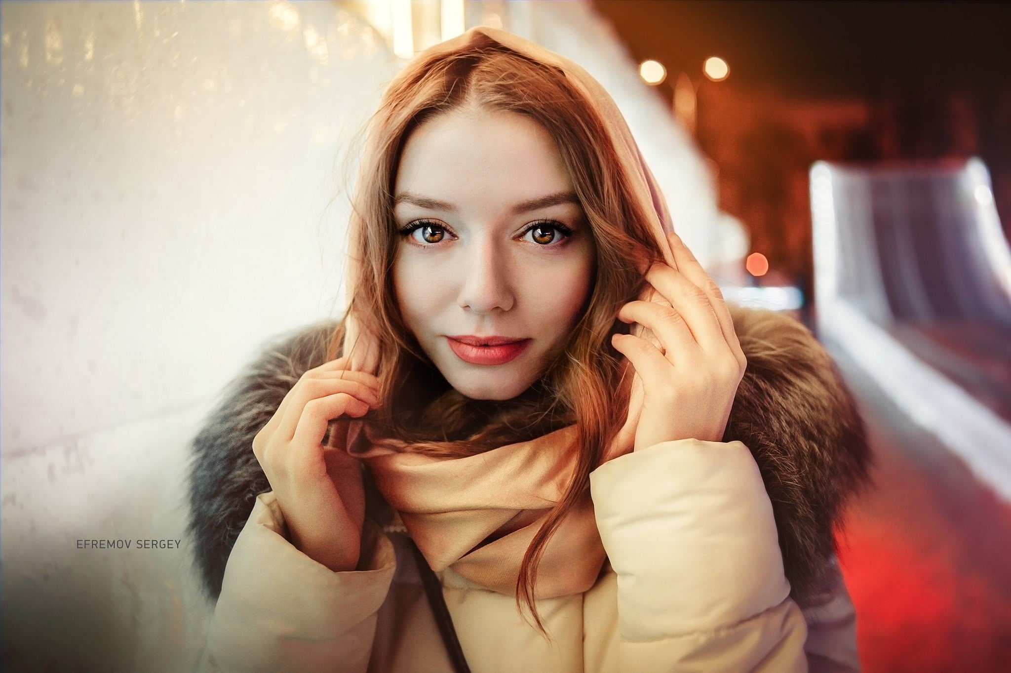 fur, eyes, women, face, 1080P, portrait, white jacket, Sergey Efremov, hoods, HD Wallpaper
