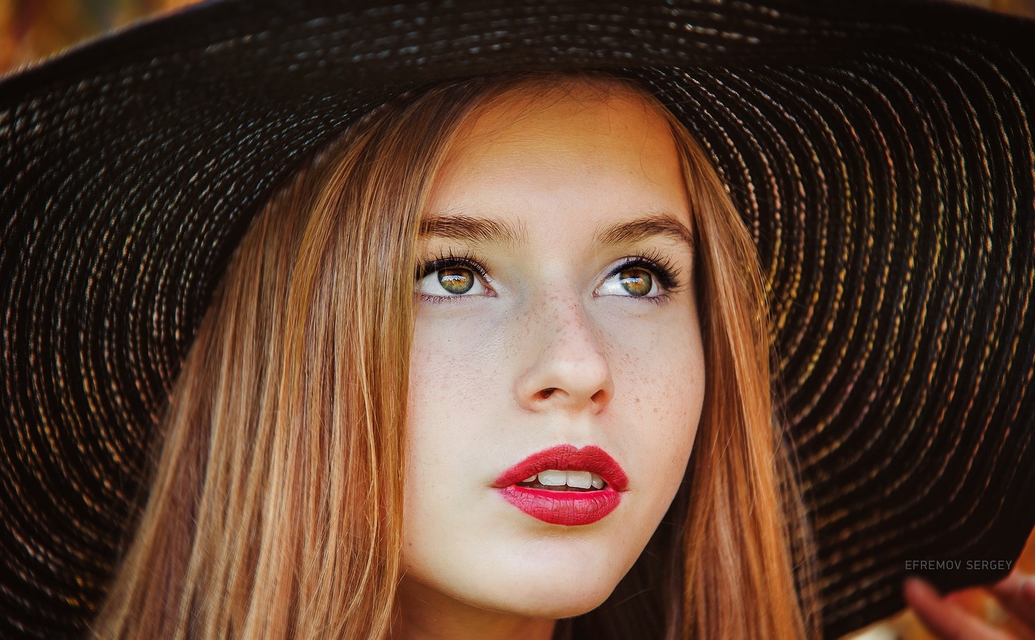 millinery, women, open mouth, hat, red lipstick, face, hazel eyes, auburn hair, 1080P, portrait, Sergey Efremov, redhead, HD Wallpaper