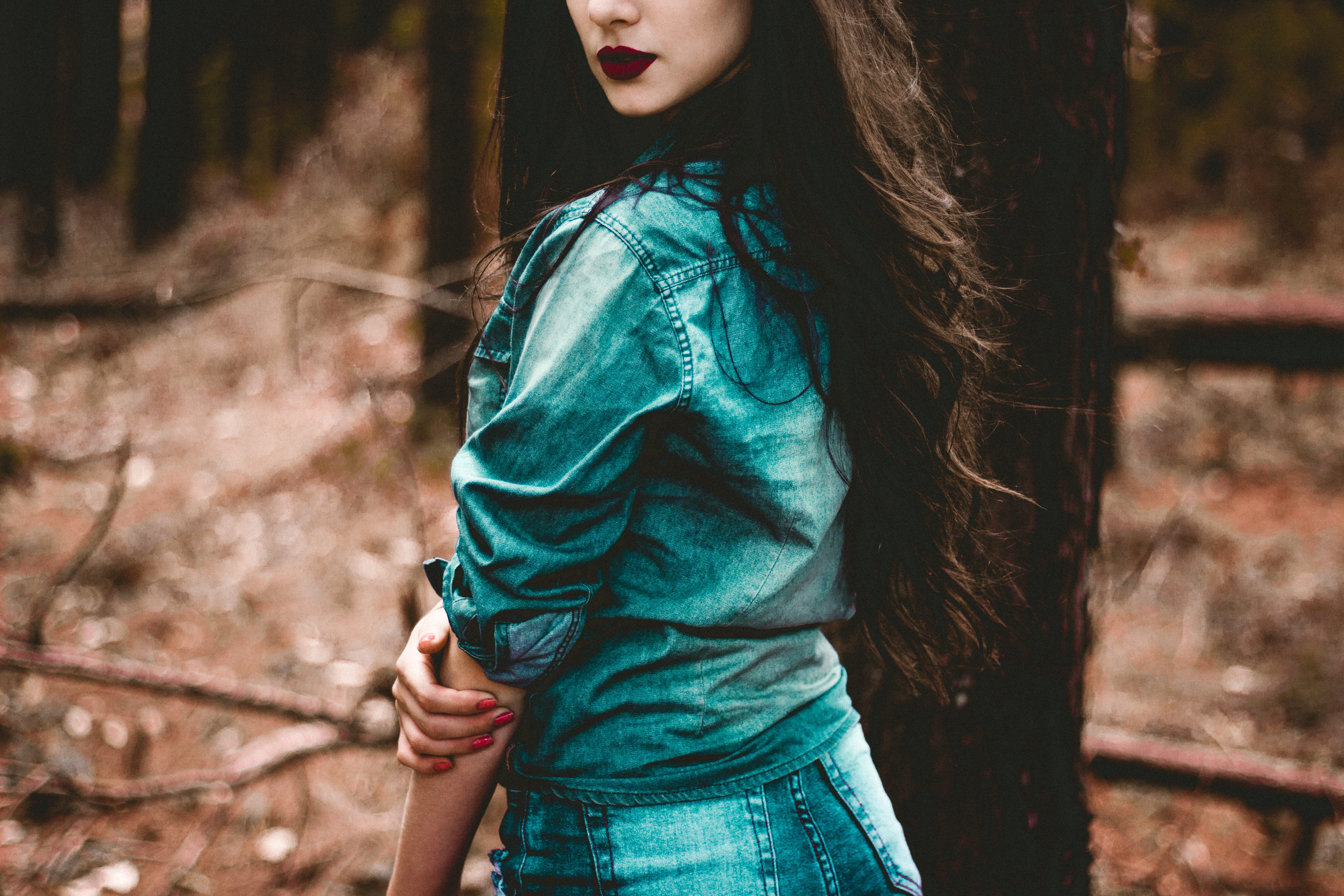 blue, females, forest, elbow, denim, hair, contemplation, clothing, shirt, standing, brown hair, right, tall, caucasian Ethnicity, child, day, one Person, HD Wallpaper