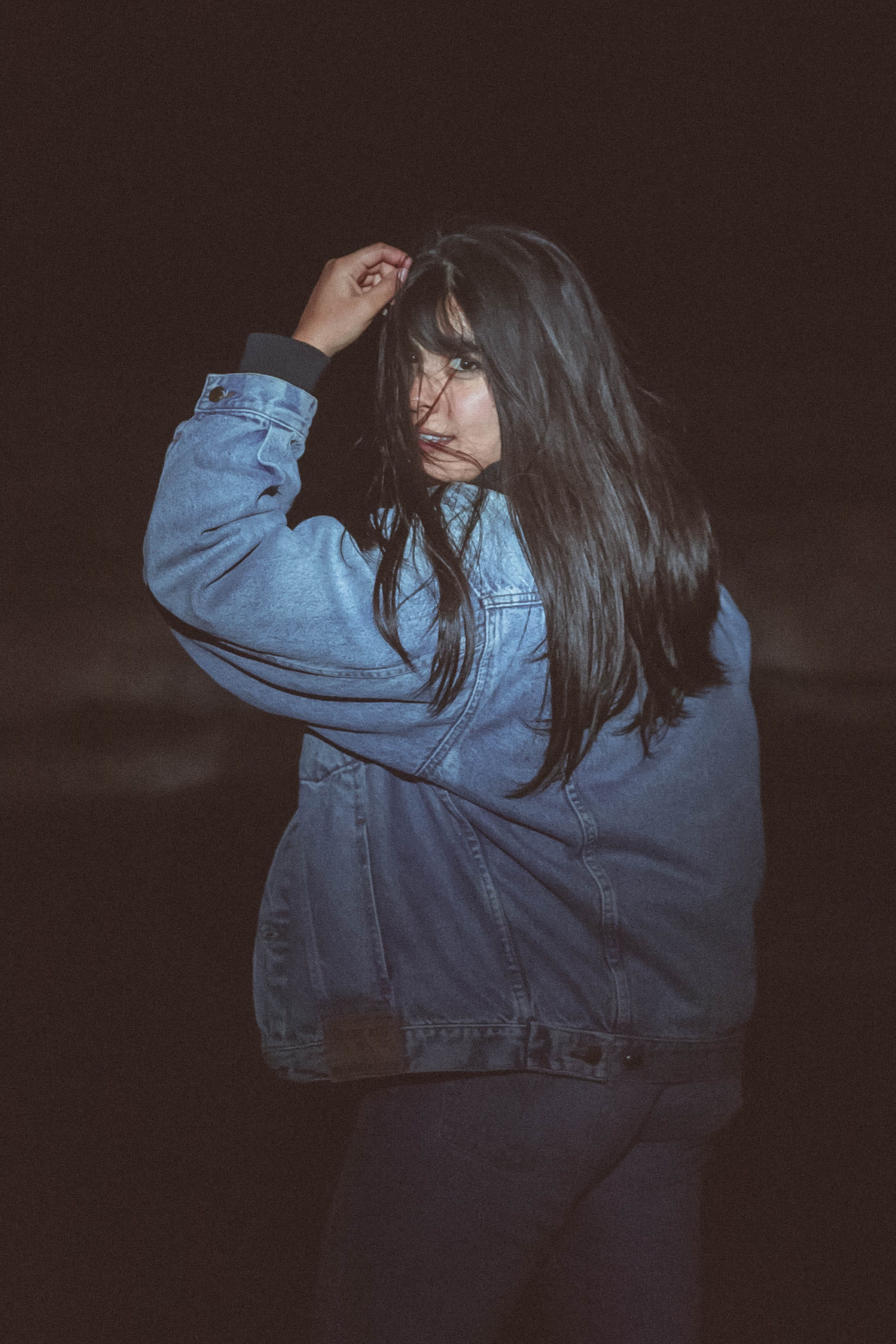 long hair, hairstyle, 2K, chambray, adult, one person, women, lifestyles, standing, indoors, jacket, leisure activity, blue, young adult, real people, Phone HD Wallpaper