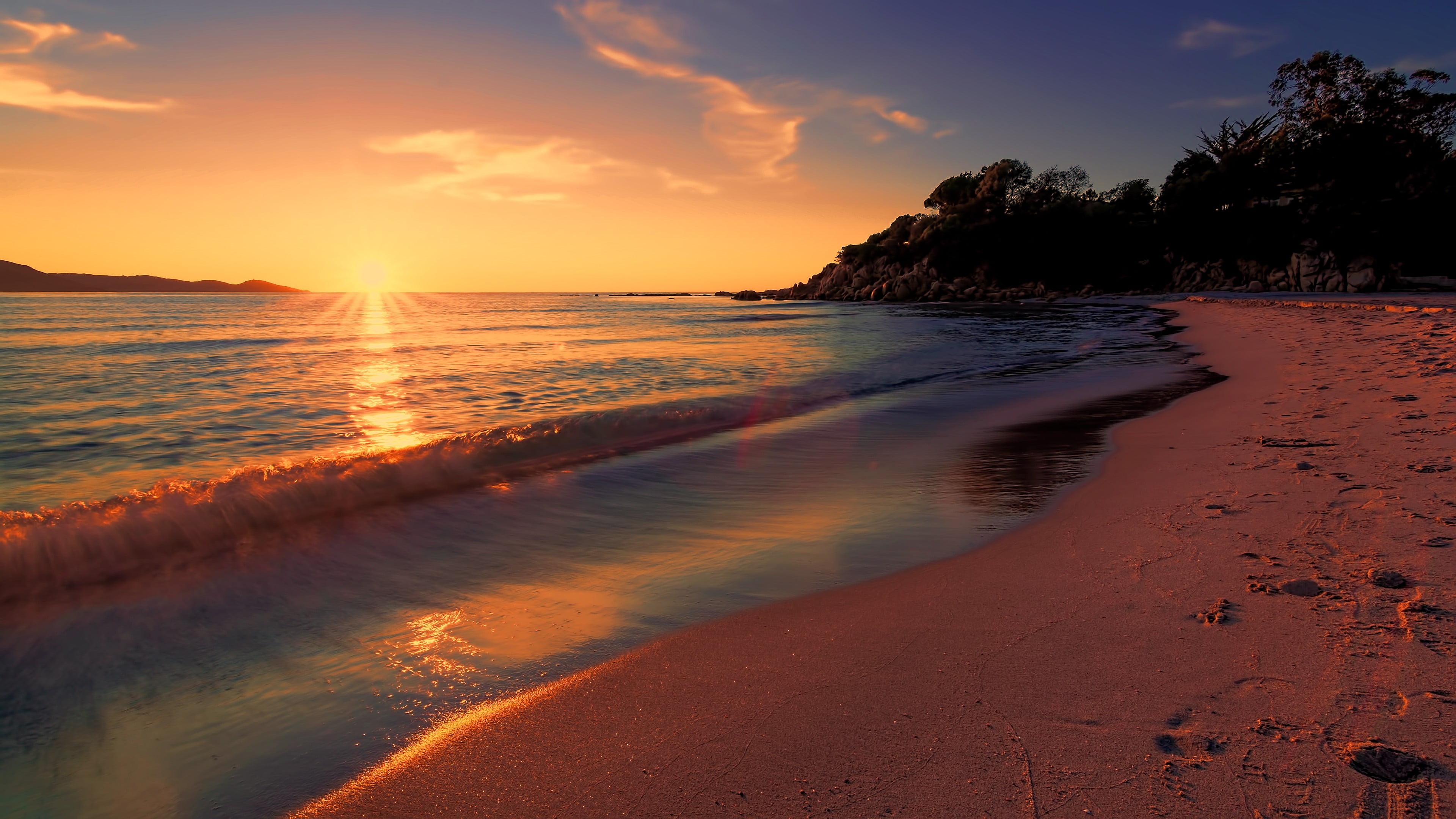 tranquil scene, idyllic, orange color, no people, tree, cloud - sky, seashore, 4K, sky, sunset, nature, horizon over water, plant, land, long exposure, HD Wallpaper